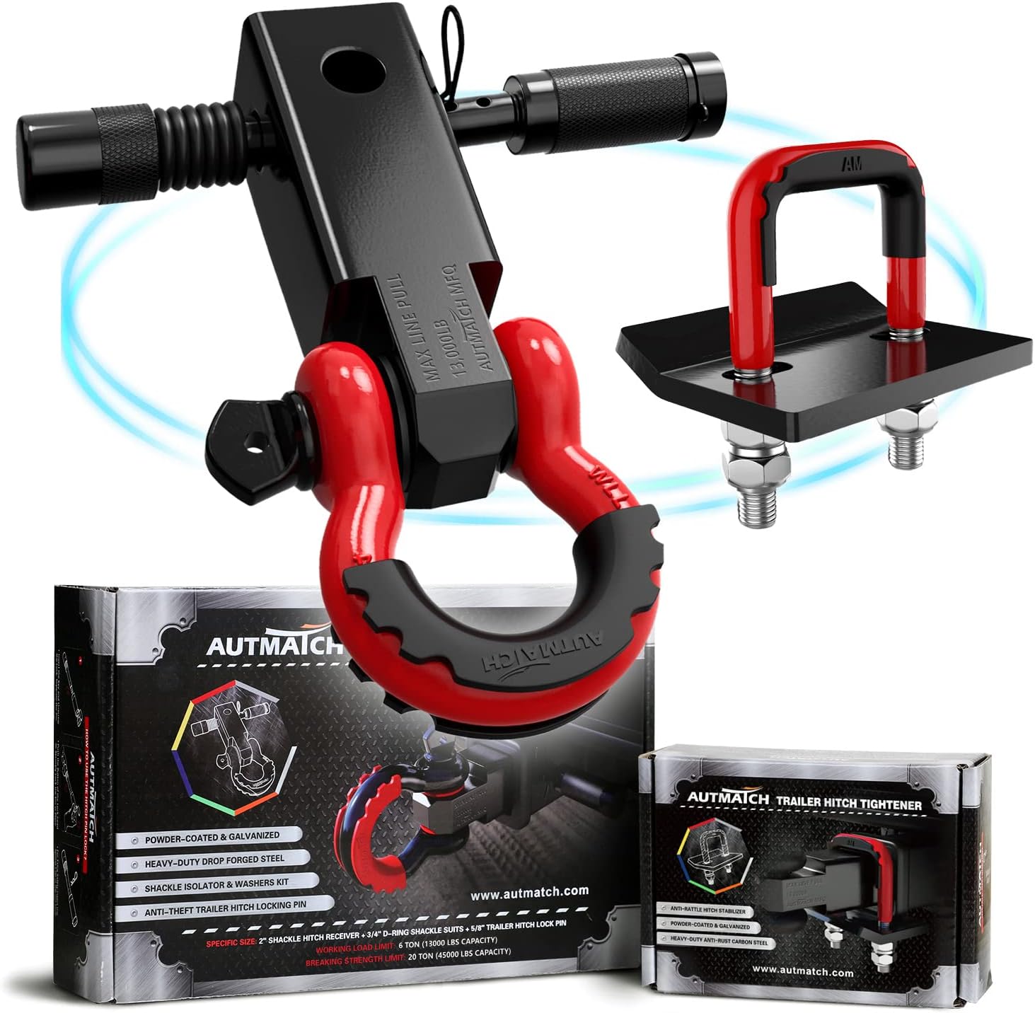 AUTMATCH Shackle Hitch Receiver 2 Inch with Hitch Tightener Anti-Rattle Clamp, 3/4" D Ring Shackle and 5/8" Trailer Hitch Lock Pin, Heavy Duty Receiver Kit for Vehicle Recovery, Red & Black