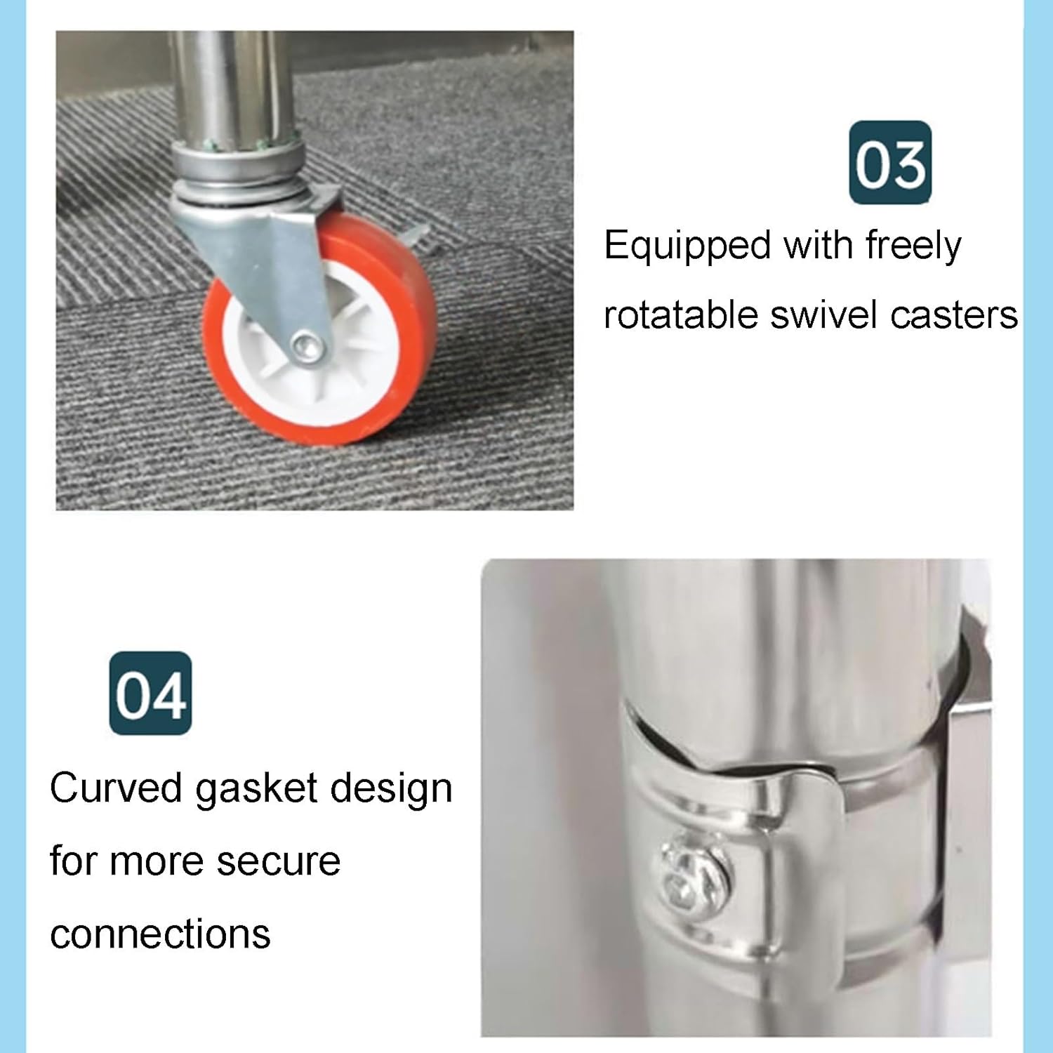 2-Tier Stainless Steel Wheeled Workbench 4 Swivel Casters for Easy Maneuverability 80 Centimeters High Open Cabinet Rack with Shelves Multiple