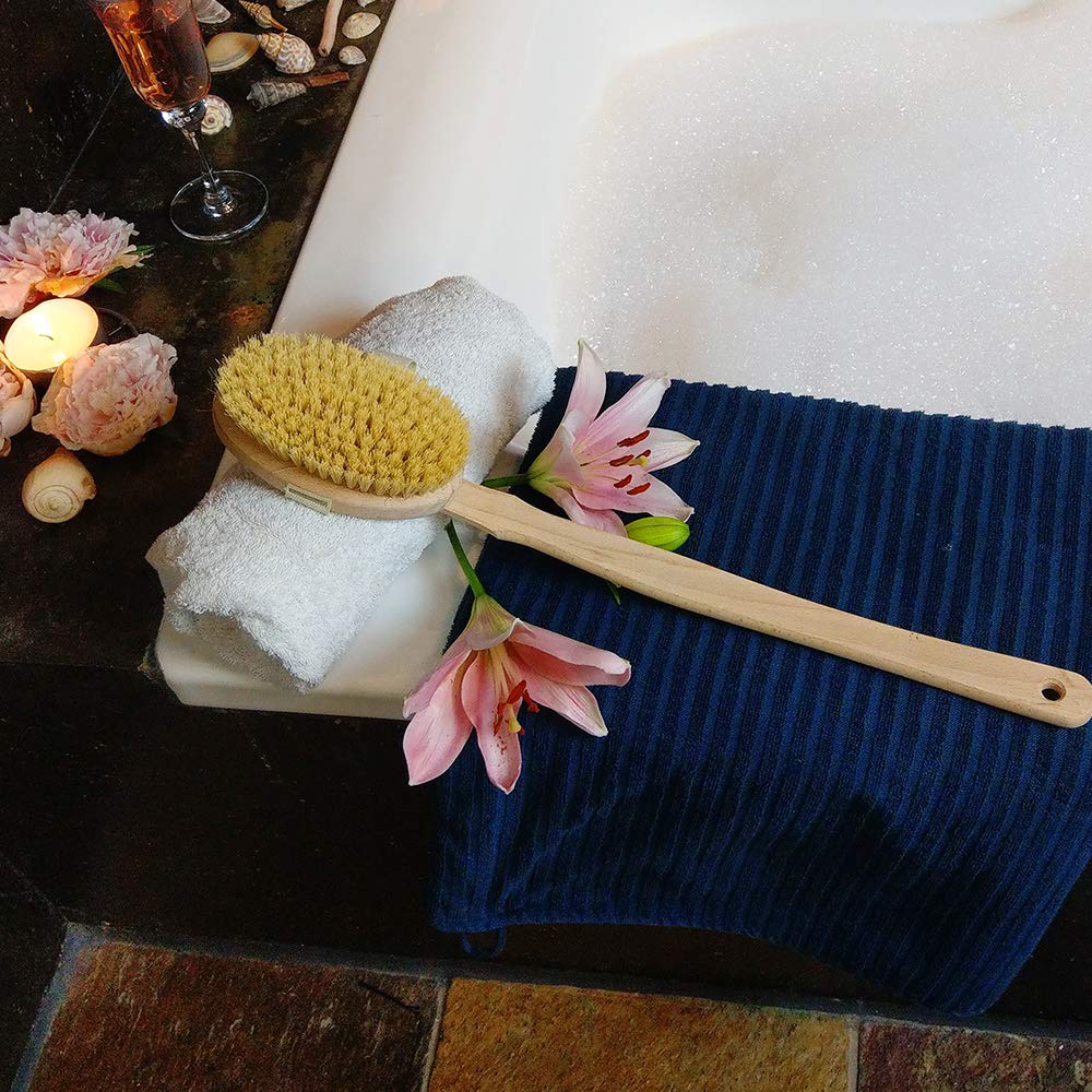 3 spazzole da bagno HOFMEISTER® 47 cm, piacevole pulizia e massaggio della schiena, delicato sulla pelle grazie alle setole naturali fibre, peeling con la spazzola per il corpo, cinturino da polso e