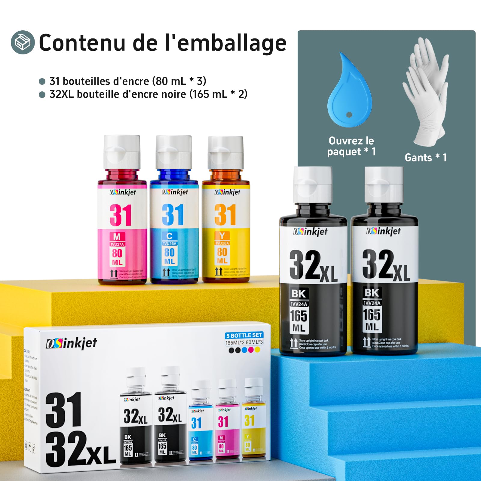 31 32xl Encre Multipack Compatible avec HP Smart Tank 5105 5106 570 7305 7306 7005 7006 7605 655 455 555 559 Imprimante, 32 XL Encre(2BK CM Y)