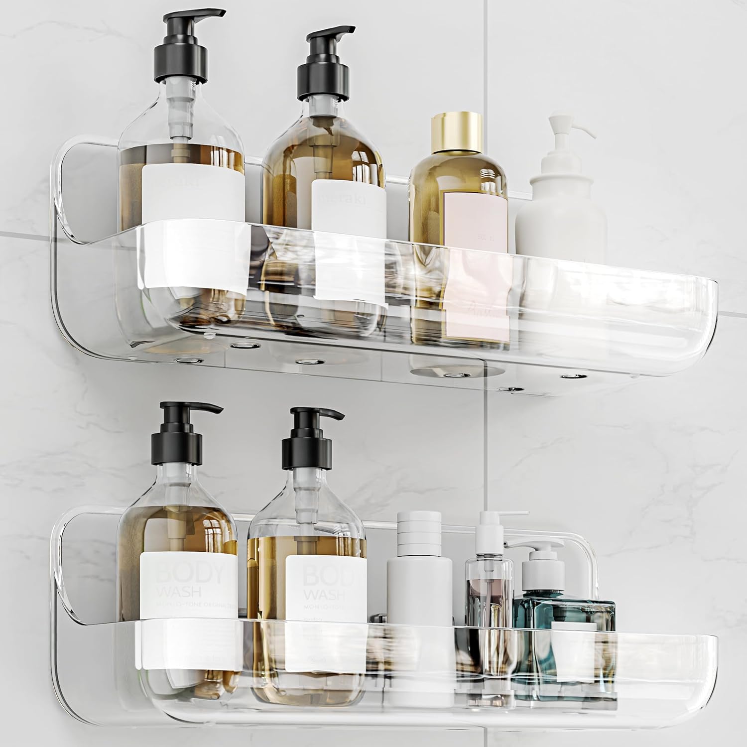 DIRXVMC Adhesive Shower Caddy, 2 Pack Acrylic Bathroom Shelves, No Drill Wall Mount Organizer Storage Shelf (Clear, 2 pack)