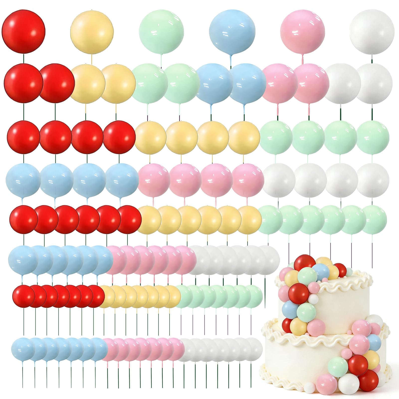 Round Ball Cake Toppers, 120 Pcs Ball Cake Topper Decorations, DIY Insert Topper Insert Decoration for Wedding Party Birthday Cake Decorations(Red, Yellow, Green, Blue, Pink, White)