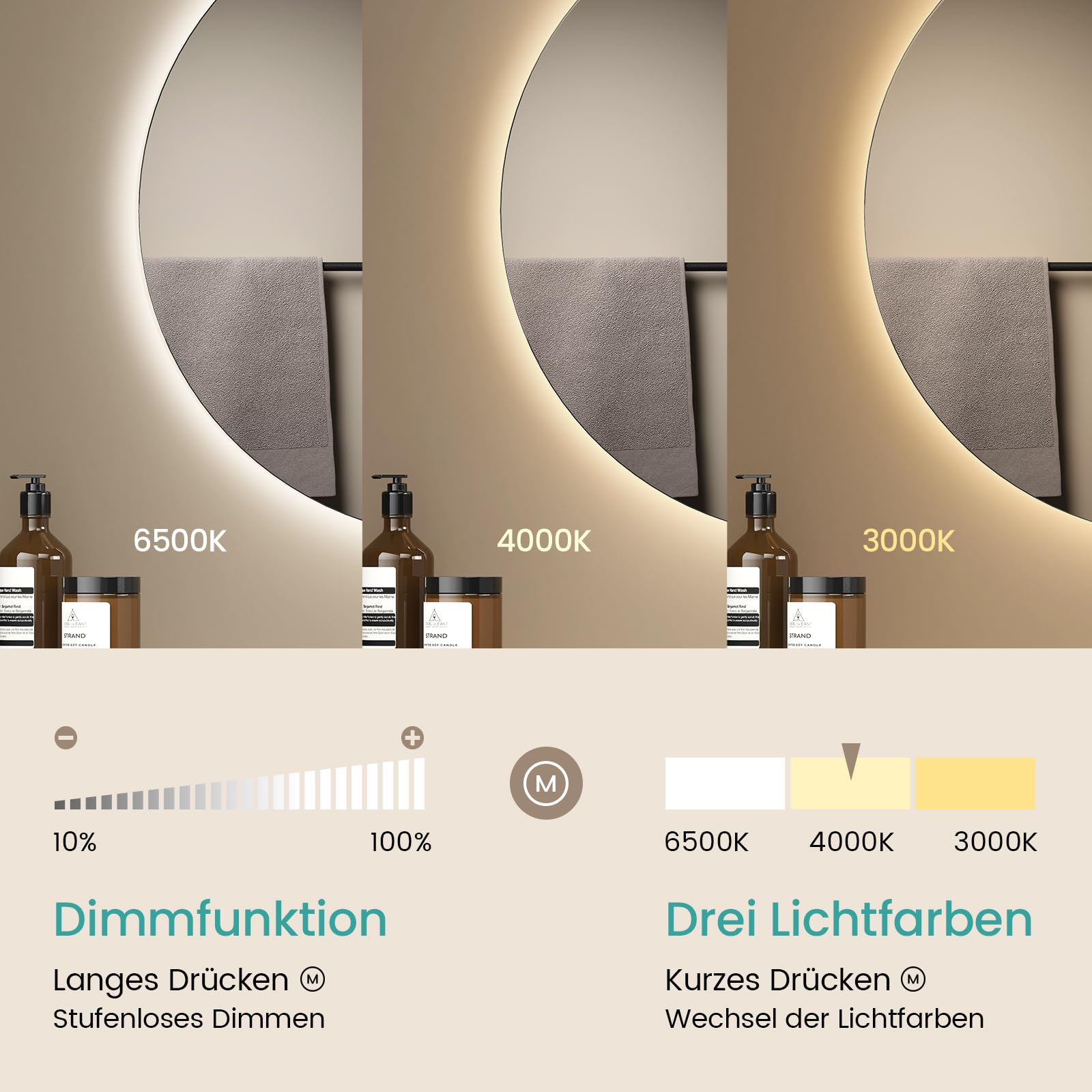 EMKE Runder Badspiegel mit Beleuchtung 60 cm – Spiegel mit 3 Lichtfarben, dimmbar, Touch, Memory-Funktion, energiesparend – Badezimmerspiegel & Wandspiegel