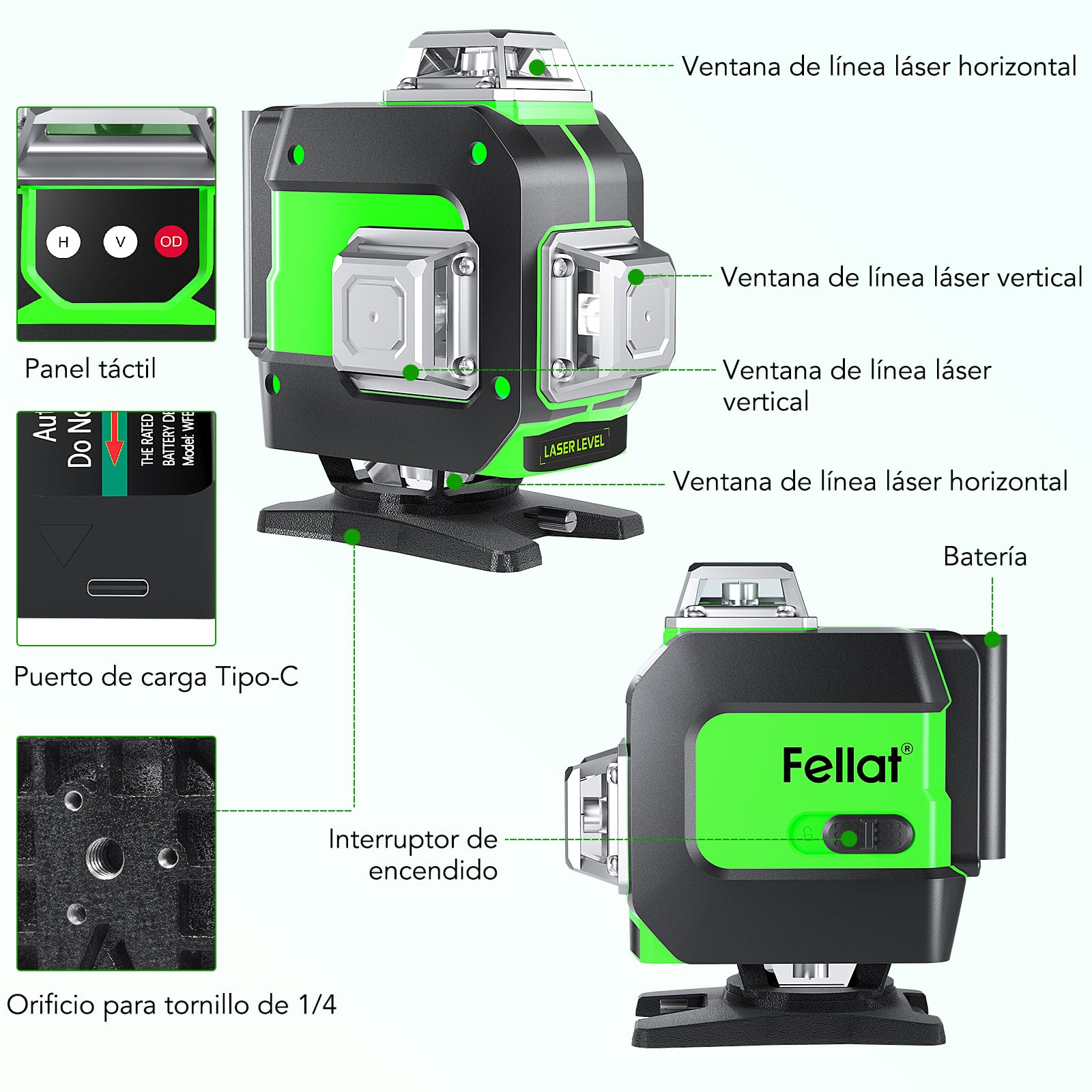 Nivel Láser, FELLAT 4x360° Nivel Laser Autonivelante, 16 Líneas, 2 x 360°Horizontal y 2 x 360°Verticales, 2 x 4000mAh Batería Recargable, Soporte Giratorio, para Diseño de Mejoras de Hogar