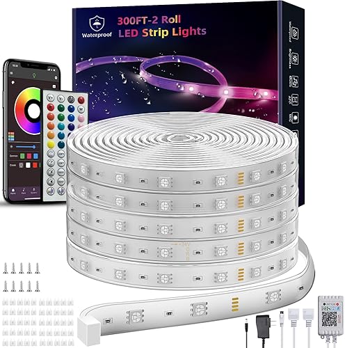 Miniatura 1 de Tira de luces LED para exteriores de 300 pies, impermeable, IP68, tira de luz LED exterior impermeable con control remoto y aplicación, cuerda de