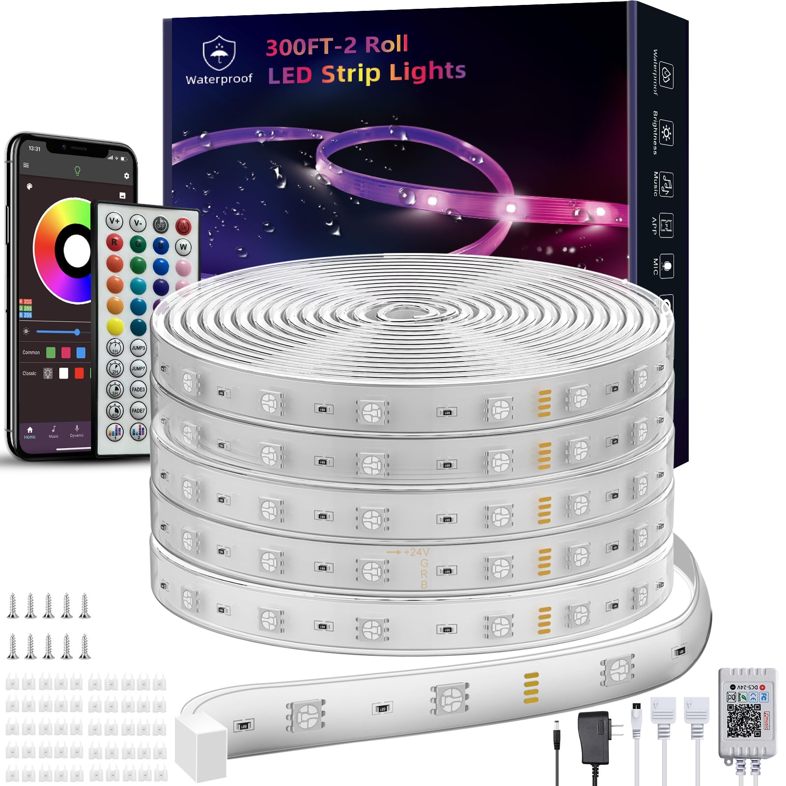Ledagic 300ft Outdoor Led Strip Lights Waterproof, Ip68 Outside Led Light Strip Waterproof with Remote and App Control, Exterior Led Rope Lights Music