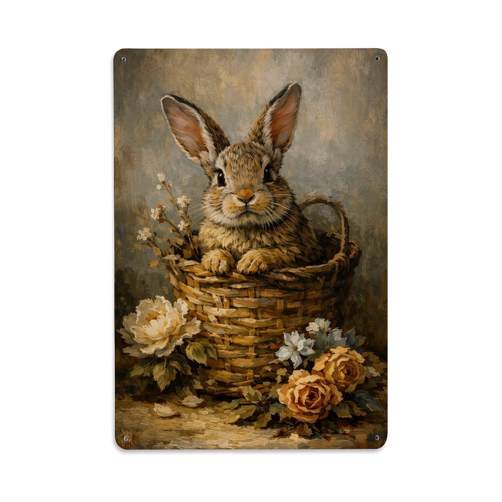 Jdfenggu Vintage Rabbit In Basket With Flowers Retro Metal Tin Sign, Metal Poster For Bar, Home, Man Cave, Kitchen, Laundry Room Art Decor 8X12 Inch