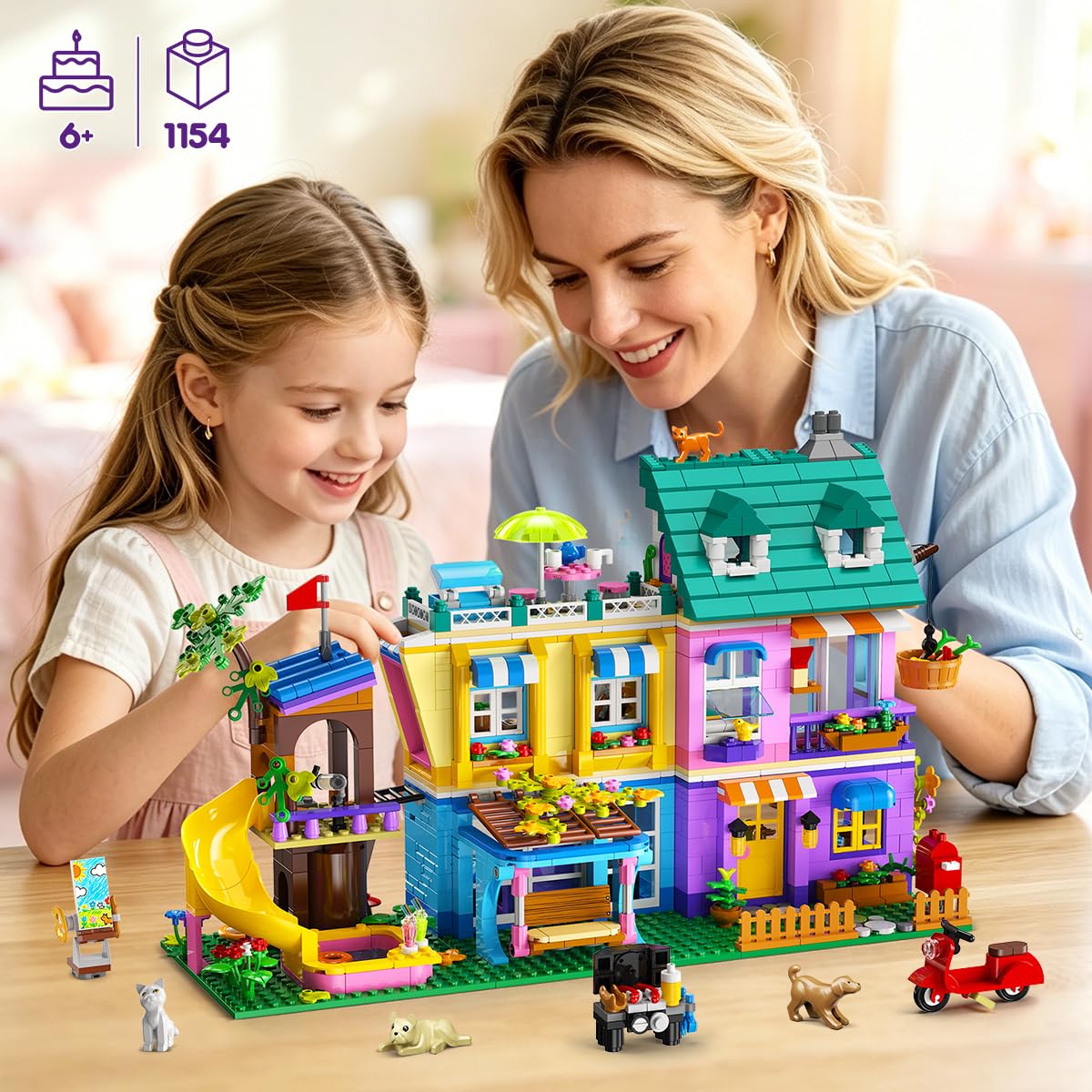 HOGOKIDS Friends Mädchen Familienhaus Bausteinset mit Licht & 4 Tierfiguren | 3 Bauvarianten Freunde Spielset mit Garten, 1154PCS Häus mit Baumhaus, Geburtstagsgeschenk für Mädchen Jungen ab 8 Jahren