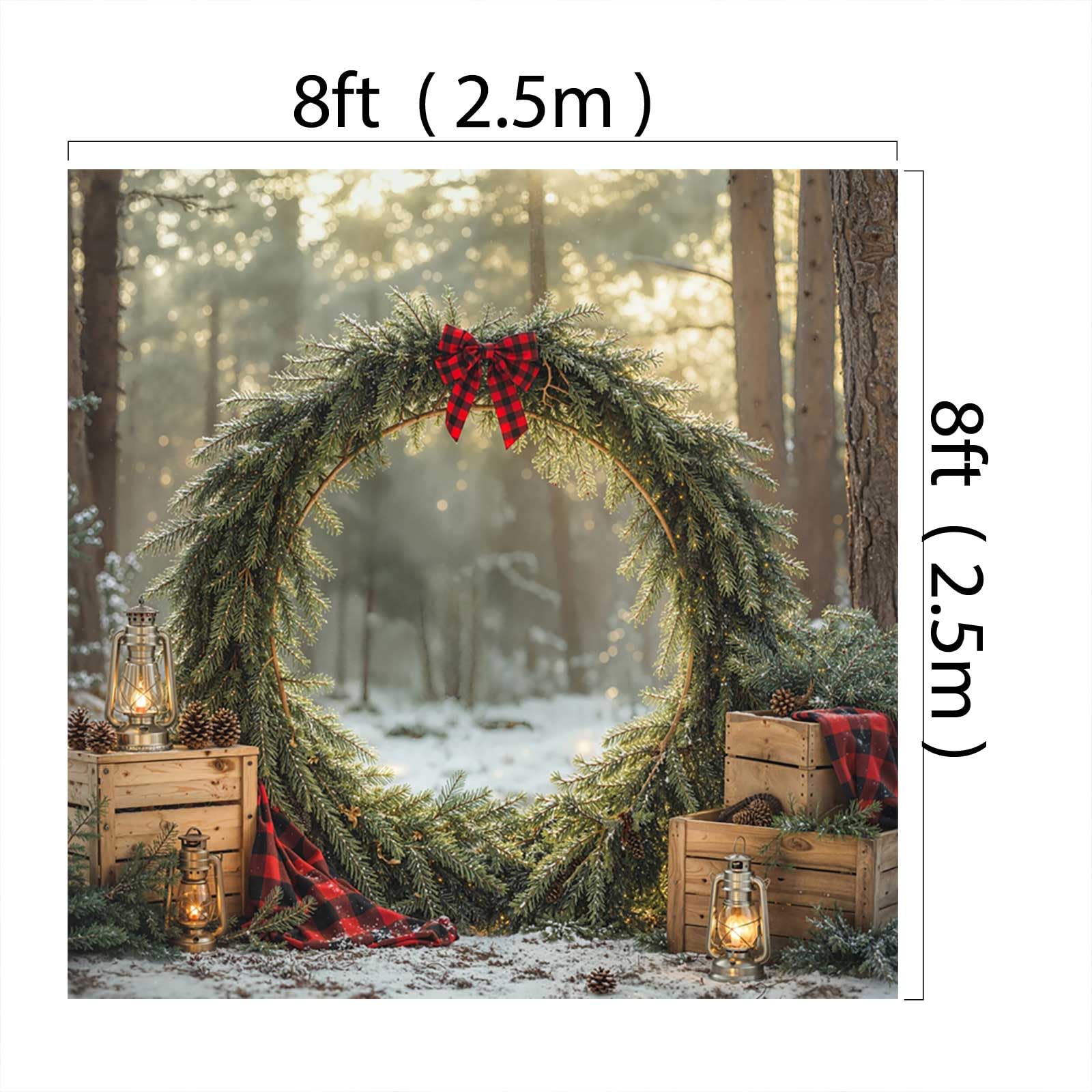 Kate Sfondo Fotografico 8x8ft Natale Bosco Ghirlanda Rosso Fiocco Lanterne