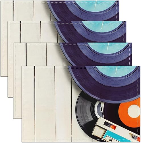 Juego de 4 manteles individuales musicales vintage de los años 80 con impresión de cinta retro para interiores y exteriores, cassette de audio,