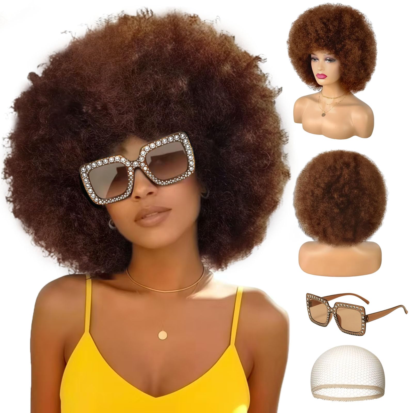 Photo 1 of WOKNOW Colored Afro Wigs for Women Men 70s and Disco Sunglasses Set, Funny Wig with Curly Bouncy Huge Fluffy Puff and Oversize Retro Rhinestone Sunglasses - for Costume Cosplay Party (Brown)