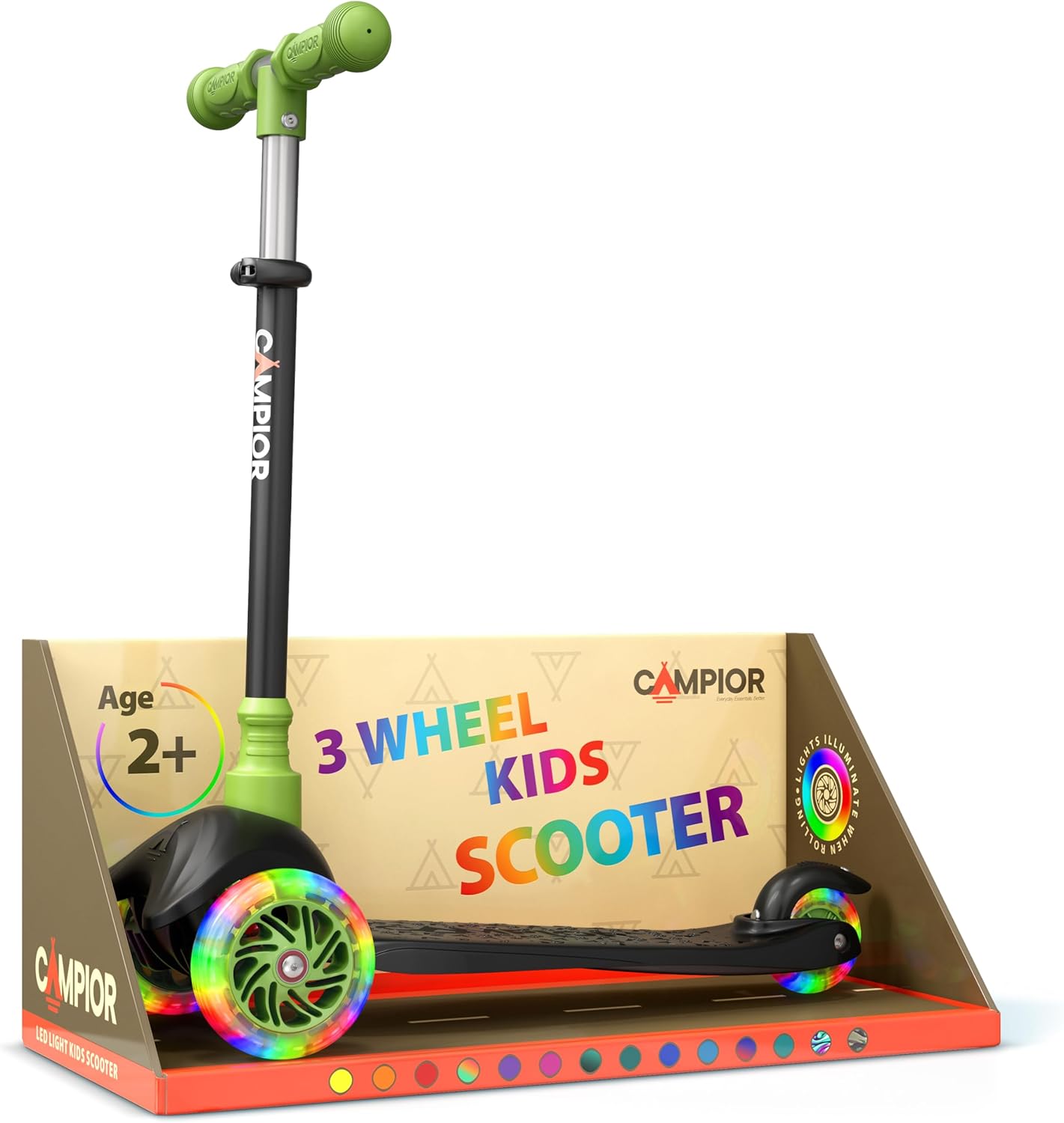 Black & Green Mini 3 Wheel Scooter for Kids – Lean-to-Steer with LED Light-Up Wheels, Adjustable Handlebar, Wide Anti-Slip Deck, Smooth PU Wheels, Rear Foot Brake – Toddler Scooter for Ages 2+