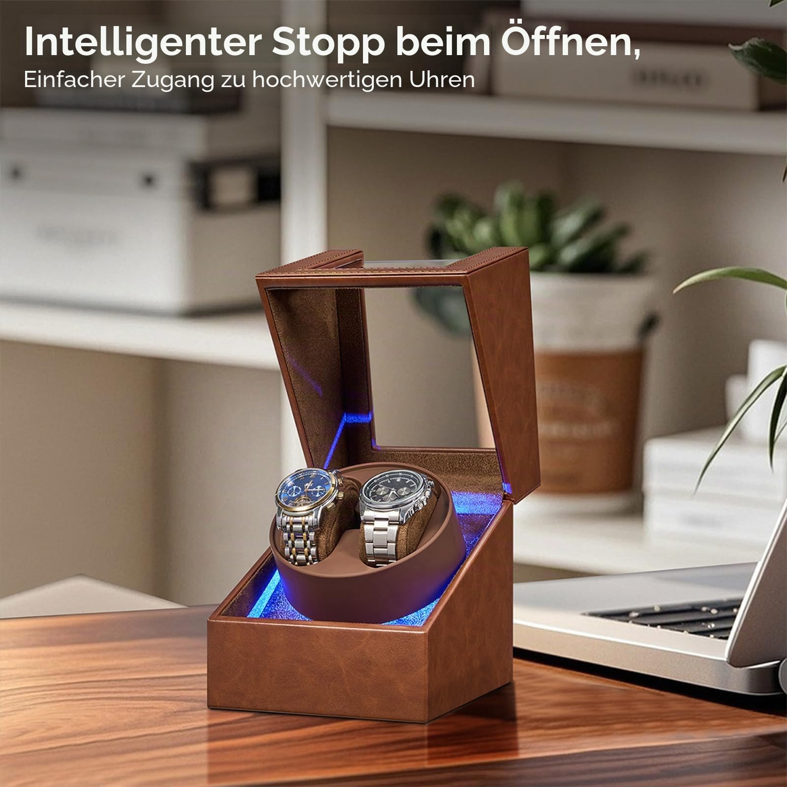 BEWISHOME Uhrenbeweger 2 Uhren, Automatik Uhrenbeweger mit LED-Beleuchtung | und 4 Modi, Watch Winder Uhrendreher mit Japanischem Leisem Motor, Typ-C-Adapter oder batteriebetrieben, ESYQ02Z