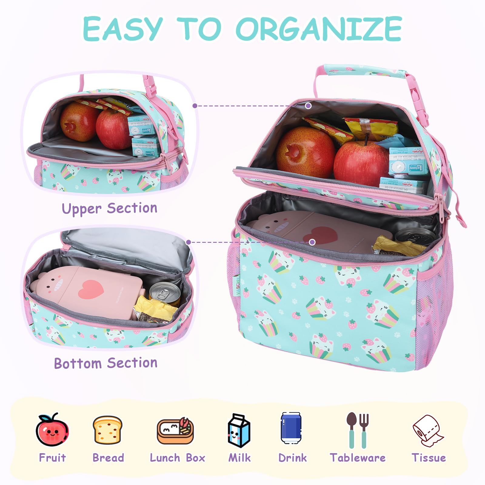 VASCHY Lunch Bag for Kids Insulated Lunch Box Double Compartments Cooler Lunch Tote for Toddlers Boys Girls School/Daycare/Picnic Cute Cats - Image 3