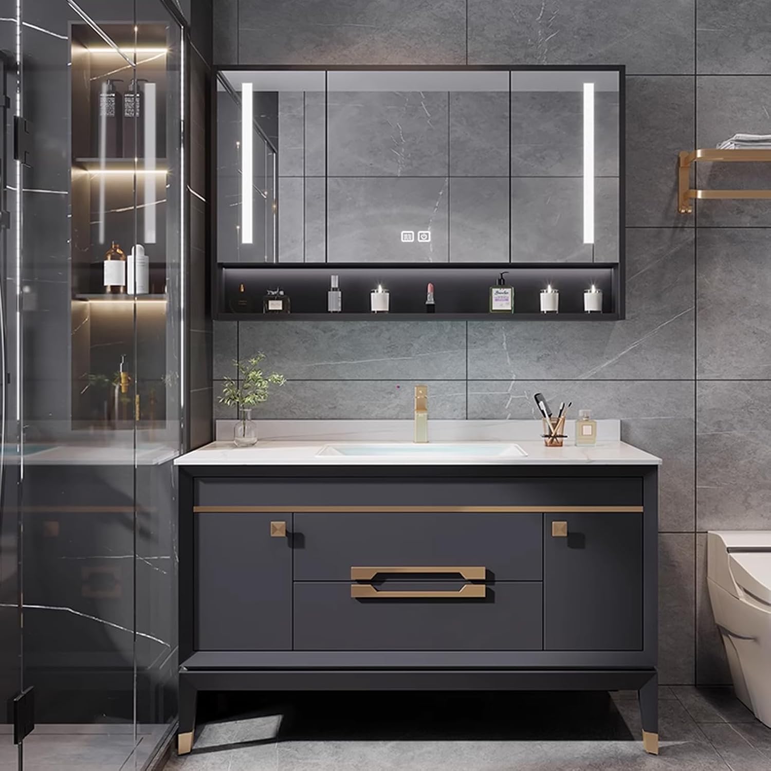 Freestanding Bathroom Vanity - Bathroom Vanity with Sink Includes LED Smart Defogging Mirror ? Abundant Storage Space, Solid Wood Bathroom Sink Cabinet (52'')