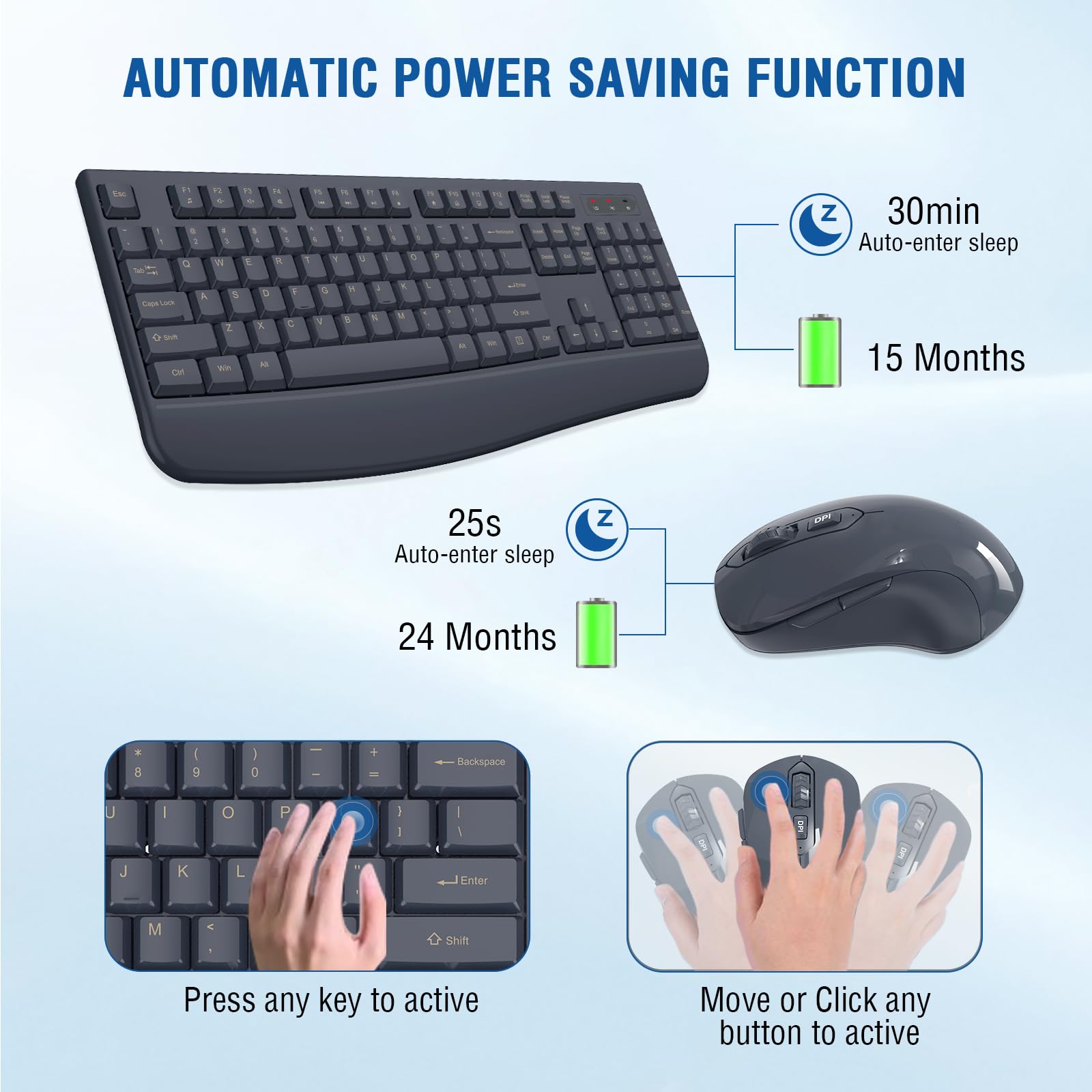 Wireless Keyboard and Mouse Combo, EDJO 2.4G Full-Sized Ergonomic Computer Keyboard with Wrist Rest and 3 Level DPI Adjustable Wireless Mouse for Windows, Mac OS Desktop/Laptop/PC (Navy Blue)