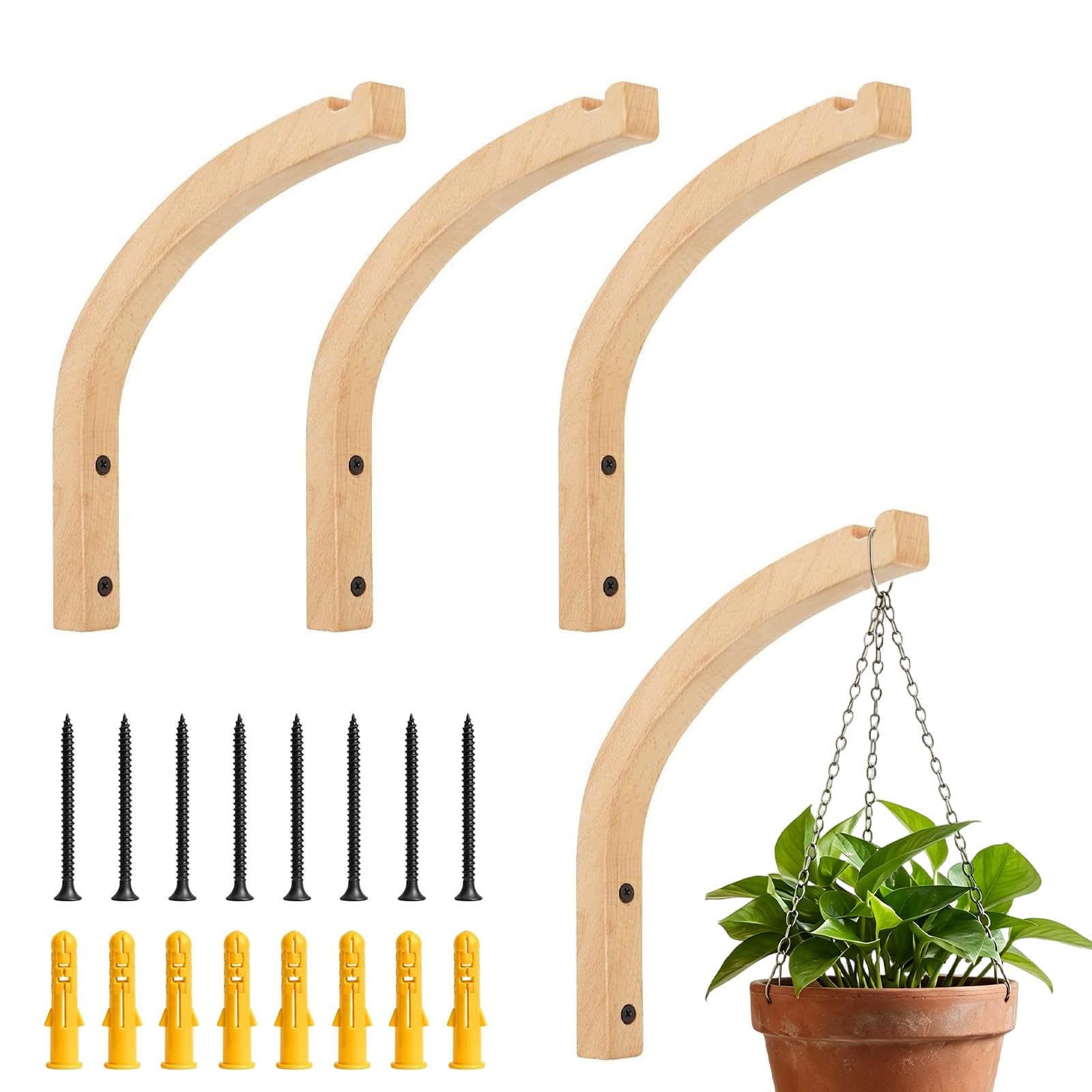 SBLKUY 4 Pack Wooden Hanging Basket Brackets, Heavy Duty Hanging Plant Holder with Screws Wall Hooks for Indoor Plants Lanterns Pot Wind Chimes Planter