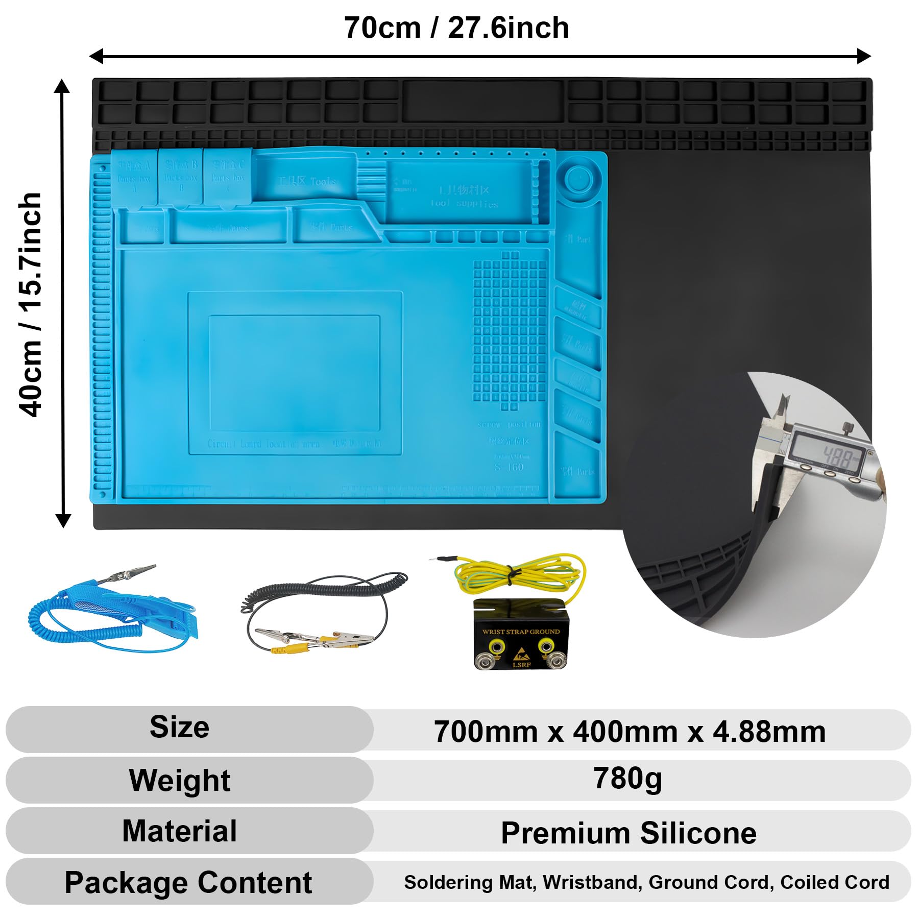 Extra große Lötmatte mit Handschlaufe und Erdungszubehör, 500 °C, hitzebeständige Silikon-Reparaturmatte, übergroße Arbeitsmatte für Handy-Laptop-Reparatur, 70 x 40 cm, Schwarz