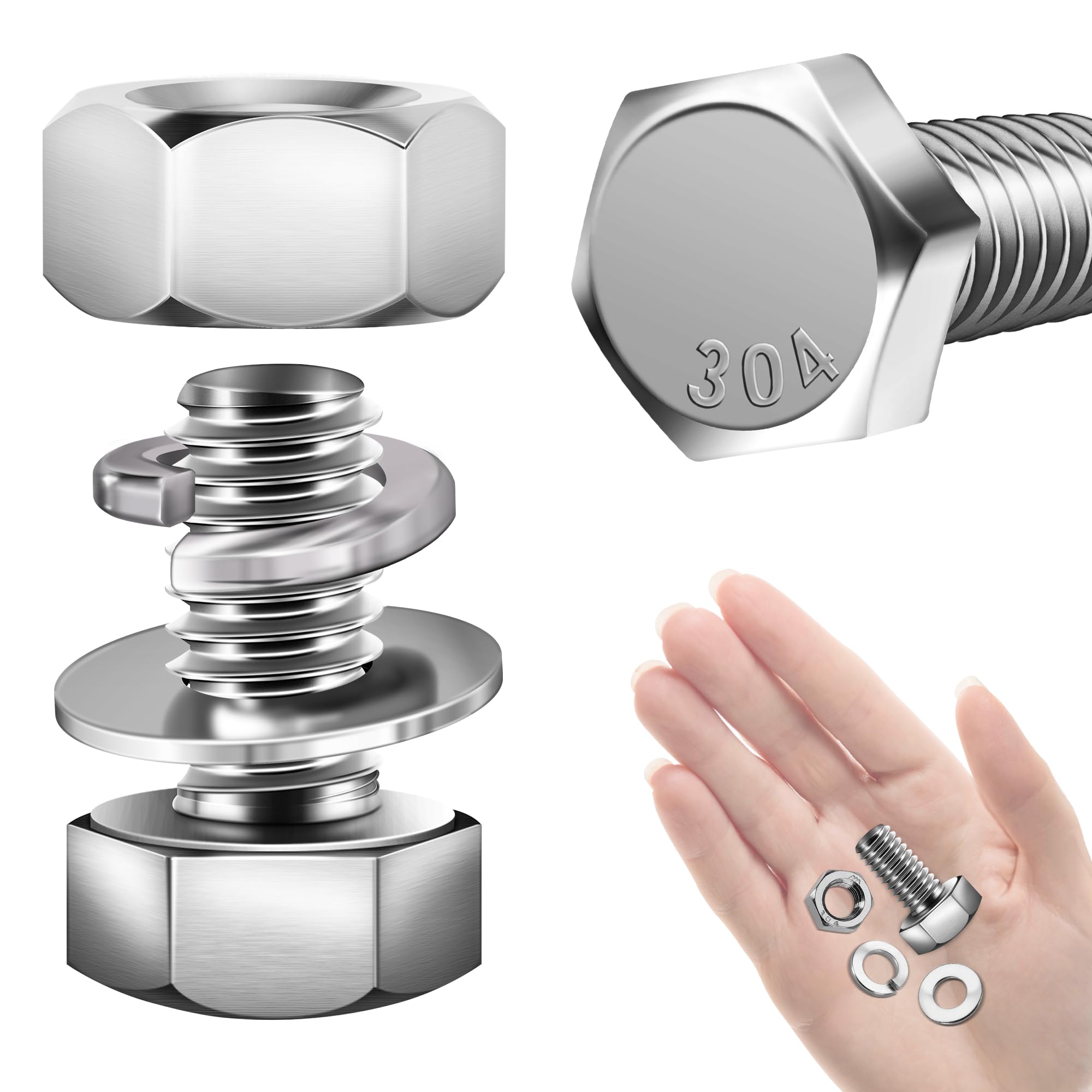 Mywish (10 Sets) 3/8-16x3/4 Hex Head Assorted Screws Nuts and Bolts with Flat & Lock Washers, 304 Stainless Steel 18-8, Fully Threaded, 5/16 Bolt