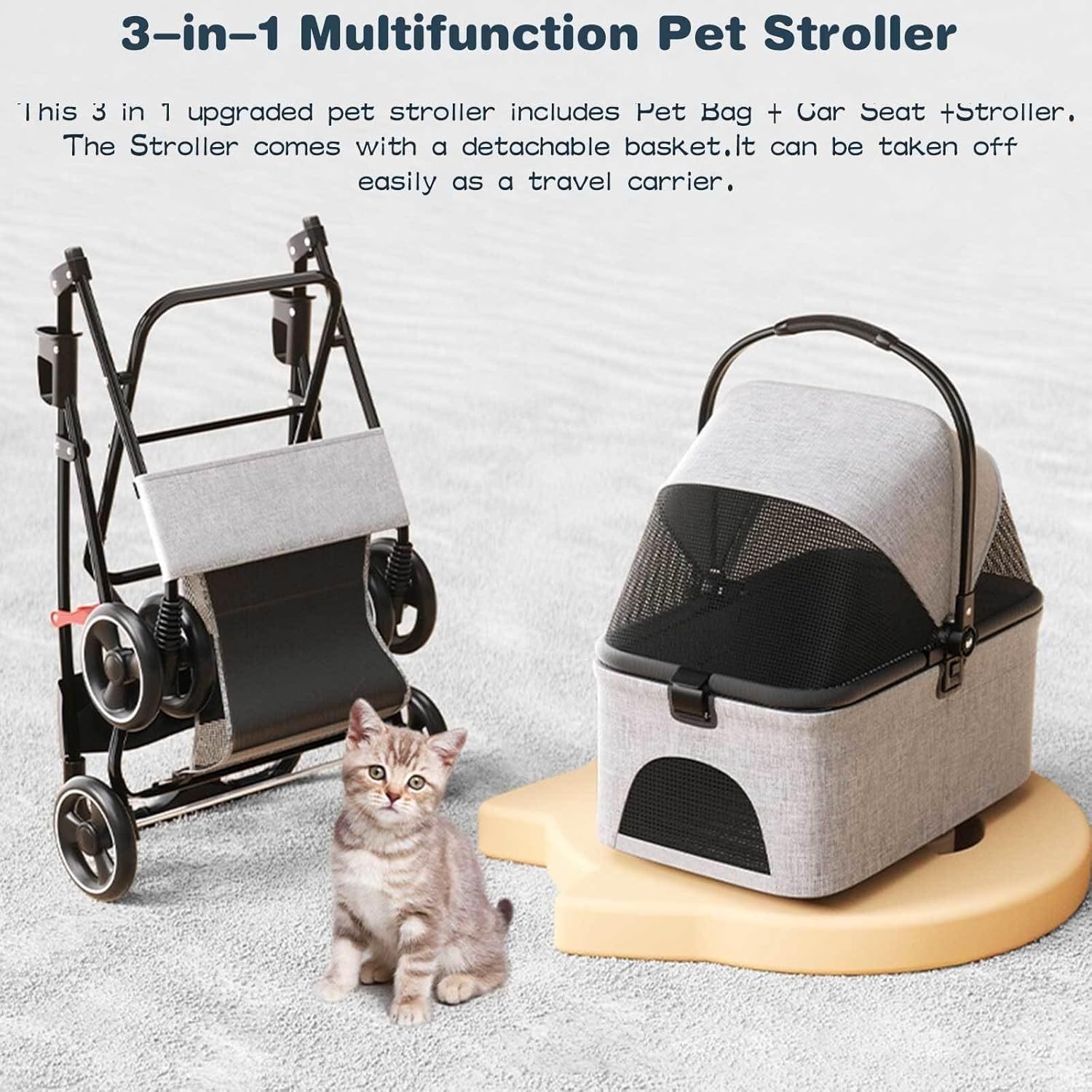 Pet Stroller, 3 in 1 Multifunction Pet Travel System, 4 Wheel Foldable Pet Stroller with Push Button Entry, Storage Basket for Small Medium Dogs & Cats,Grey(Grey) (Green)
