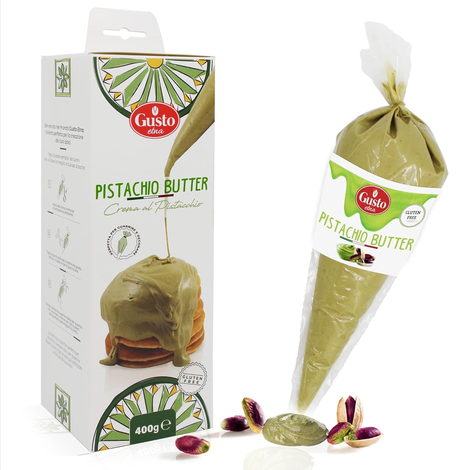 GUSTO ETNA Crema de mantequilla de pistacho en bolsa para apretar, untar, relleno de pasteles y glaseado, glaseado, postre, mantequilla de pistacho GUSTO ETNA Crema de mantequilla de pistacho en bolsa para apretar, untar, relleno de pasteles y glaseado, glaseado, postre, mantequilla de pistacho