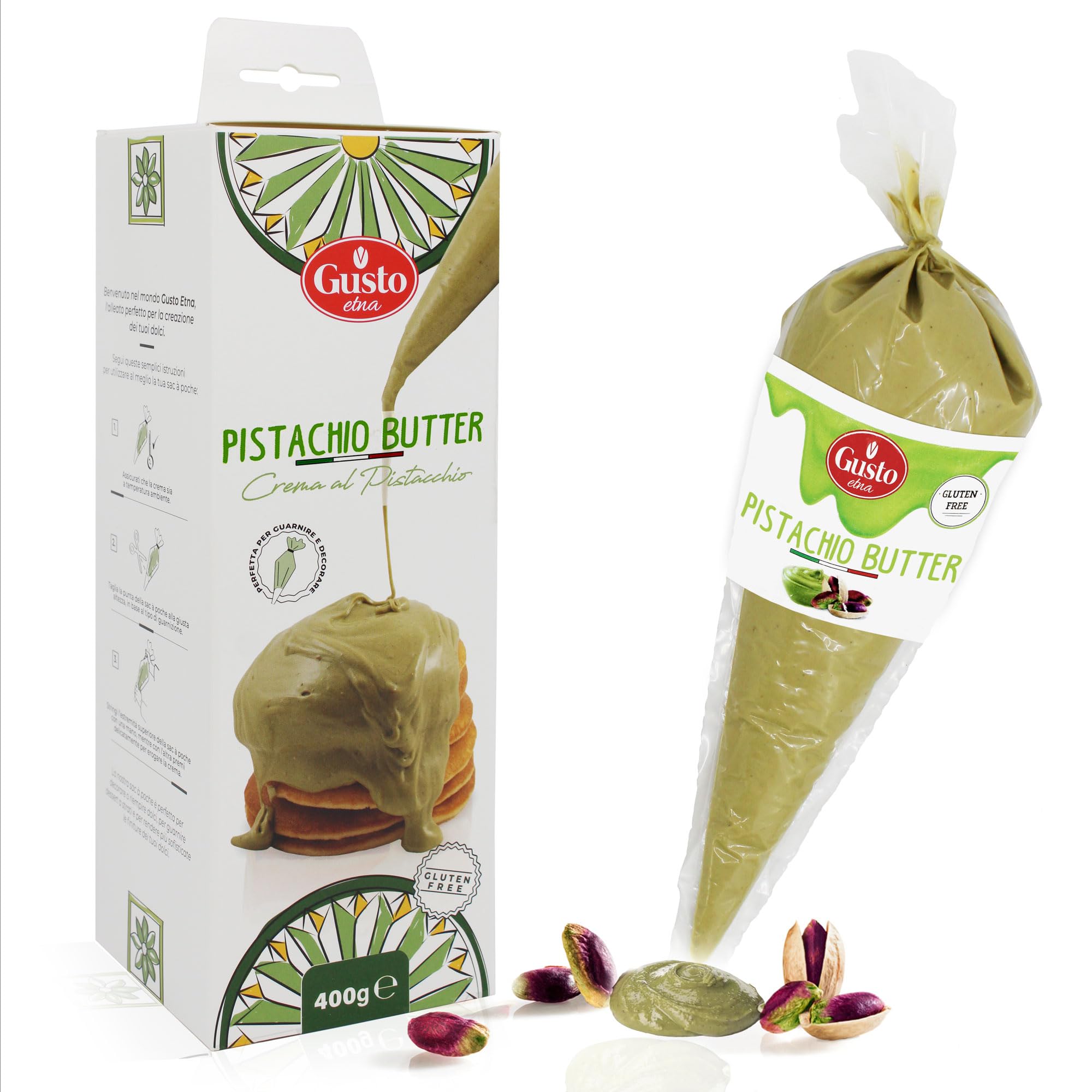 GUSTO ETNA Pistachio Nut Butter Cream in Squeeze Pouch, Spread, Cake Filling & Icing, Frosting, Dessert, Sweet Pistachio Butter, Pistachio Paste, From