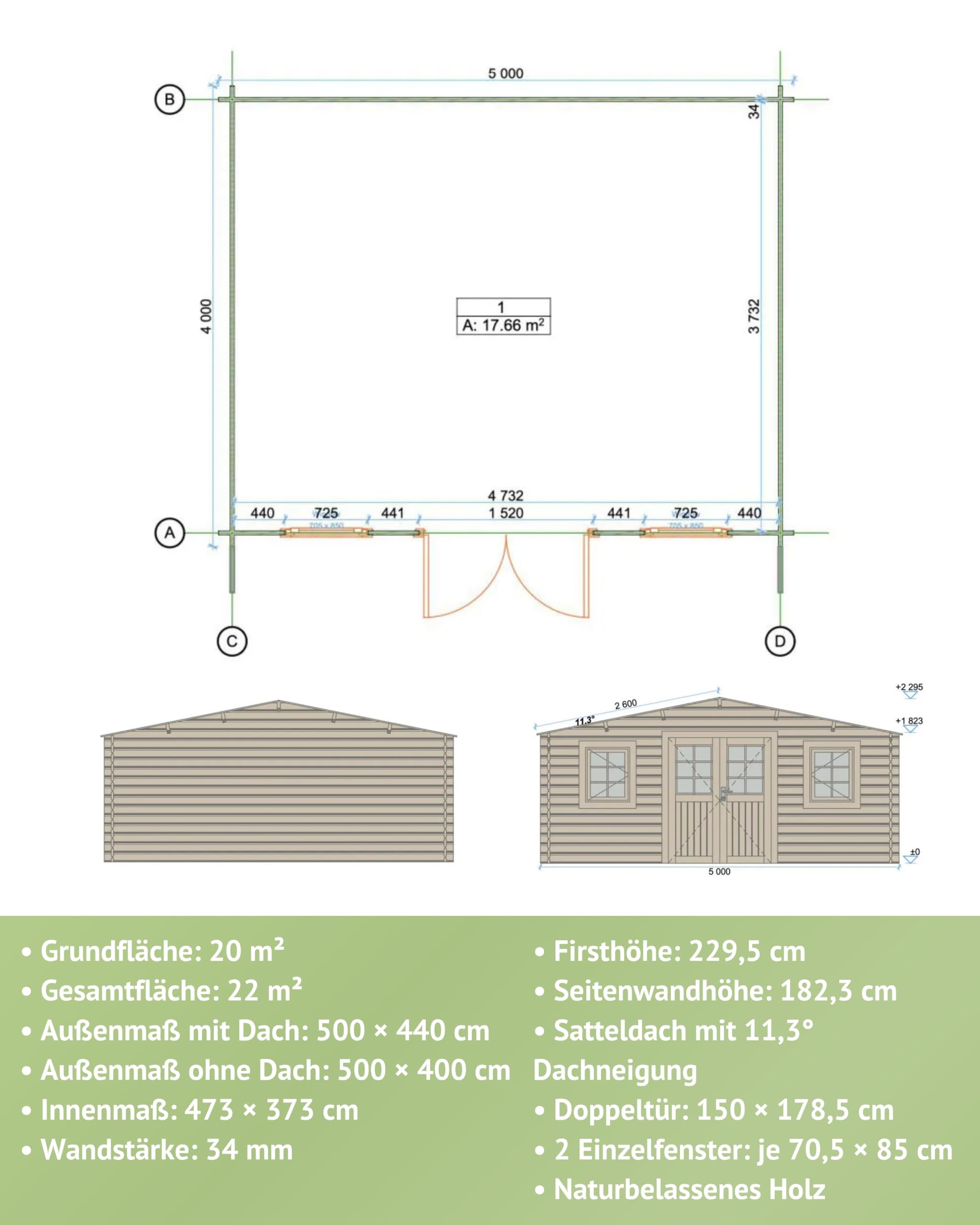 Steiner Shopping Gartenhaus Wiesenlust 04 I 34 mm Blockbohlenhaus aus naturbelassenem Holz I Außenmaß 500 x 440 cm I Großes Gartenhaus mit Satteldach, Doppeltür & 2 Fenstern