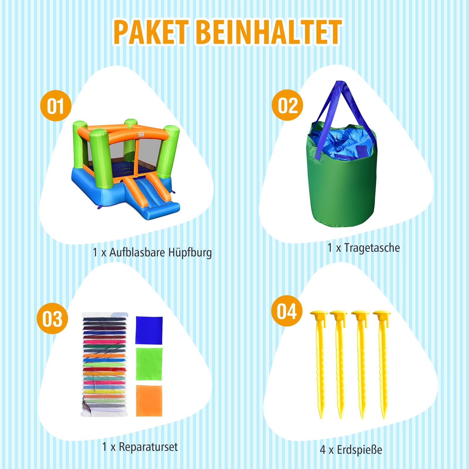 COSTWAY Hüpfburg für 2 bis 3 Kinder, kleine Springburg mit großem Sprungbereich und Rutsche, inkl. Tragetasche, Reparaturset, Heringen, 250 x 197 x 143 cm