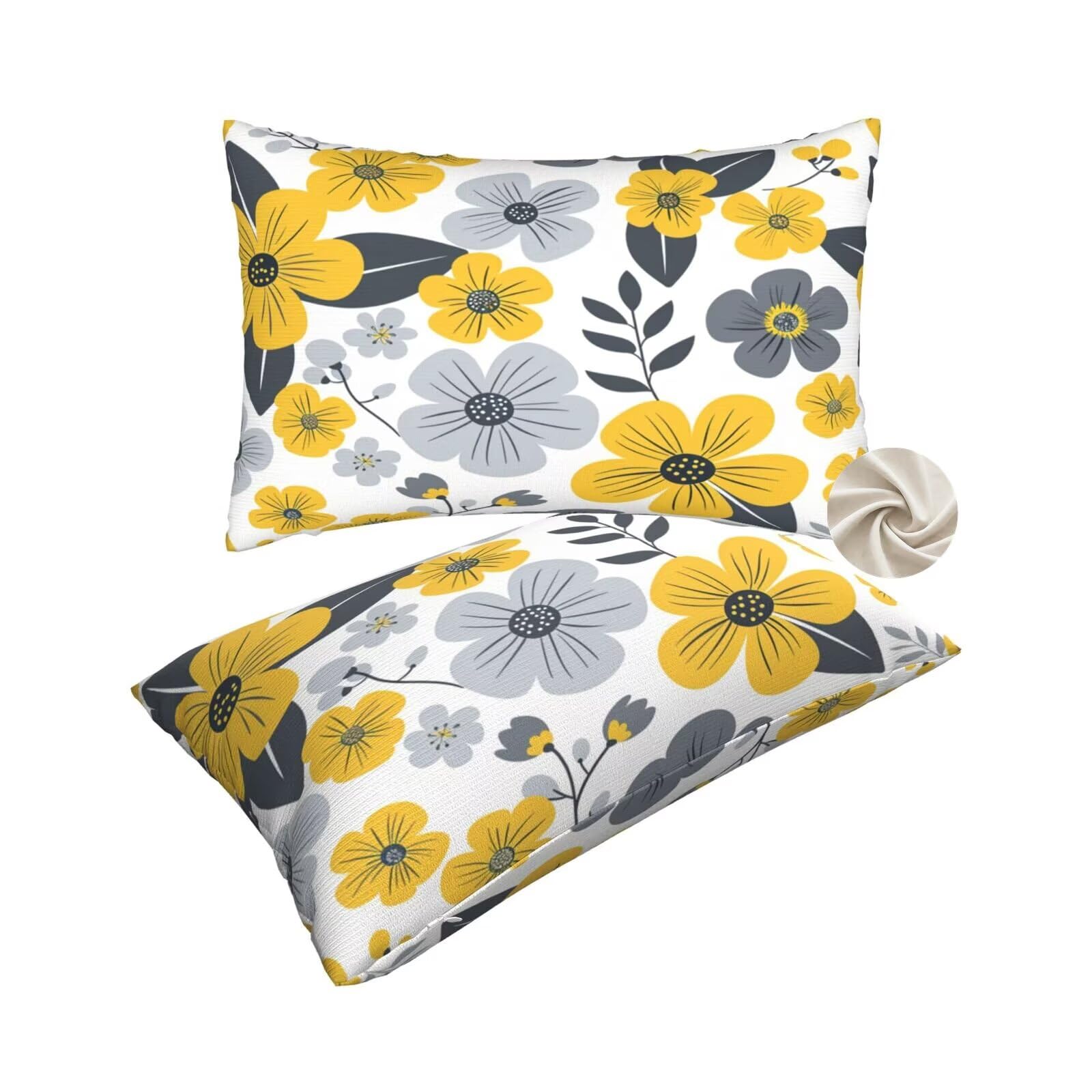 Housses de coussin 60x80 cm lot de 2 jaune fleurs pour grand oreiller de canapé et lit zt39