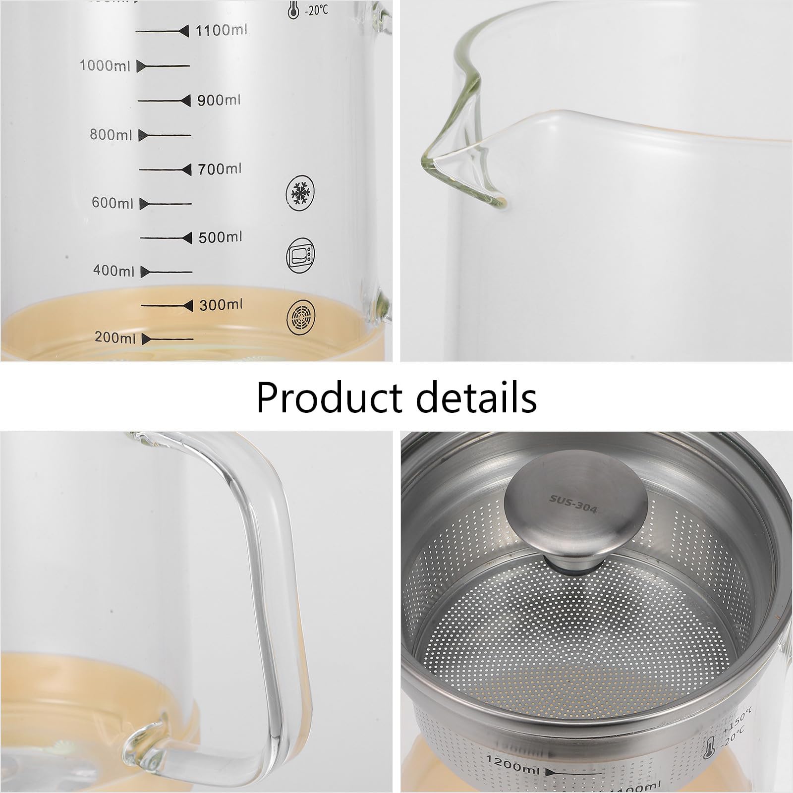Fettabscheider Multifunktionaler Saft und Sojamilchfilter mit Edelstahlfilter aus Glas 1200ml für Einfache Reinigung und Silikongriff in Küche