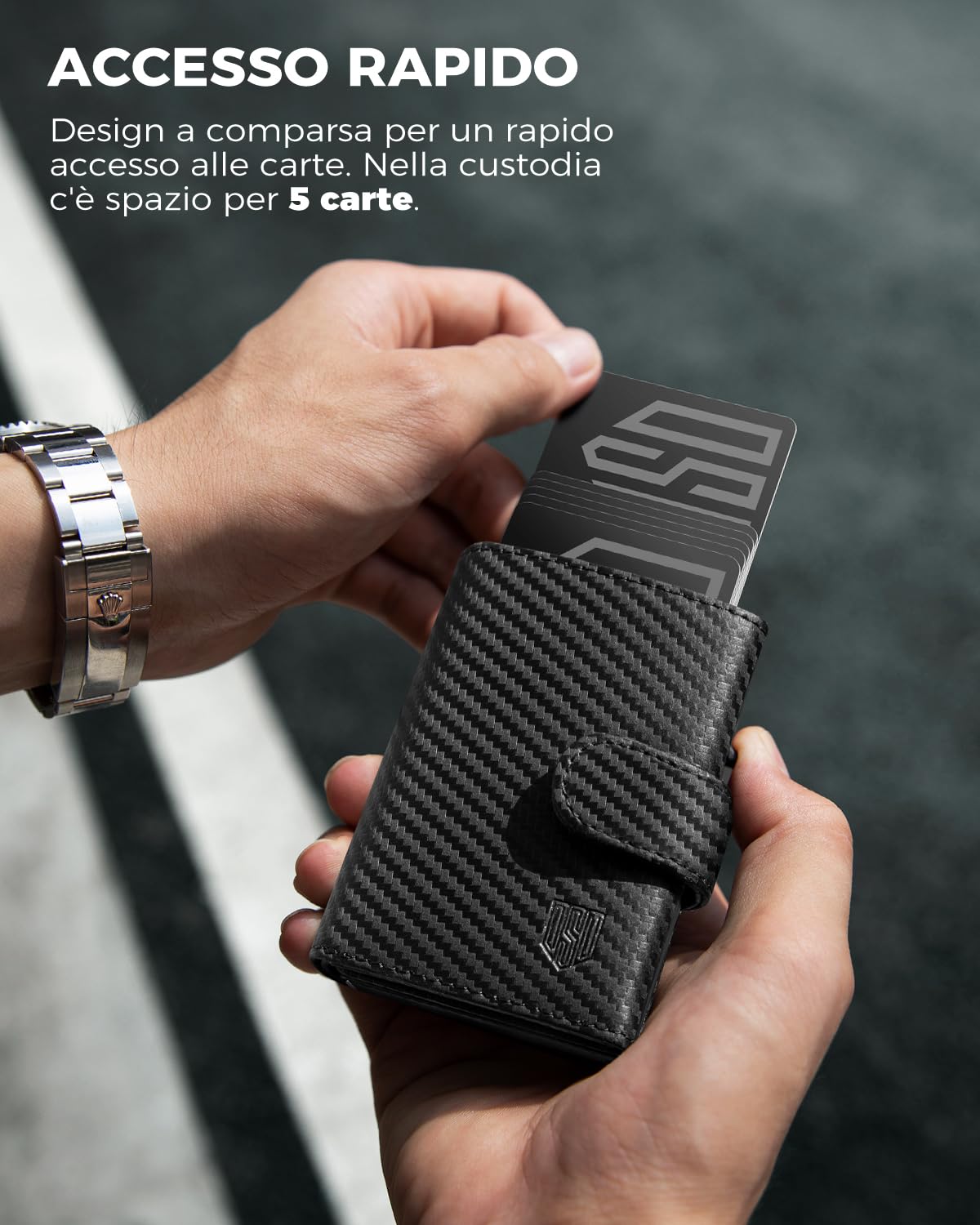 DODENSHA Portafoglio Uomo con Porta Carte di Credito e Portamonete | Slim RFID | Scomparto per Contanti | Custodia in Metallo per 8-10 Carte | Slot ID | Carbonio