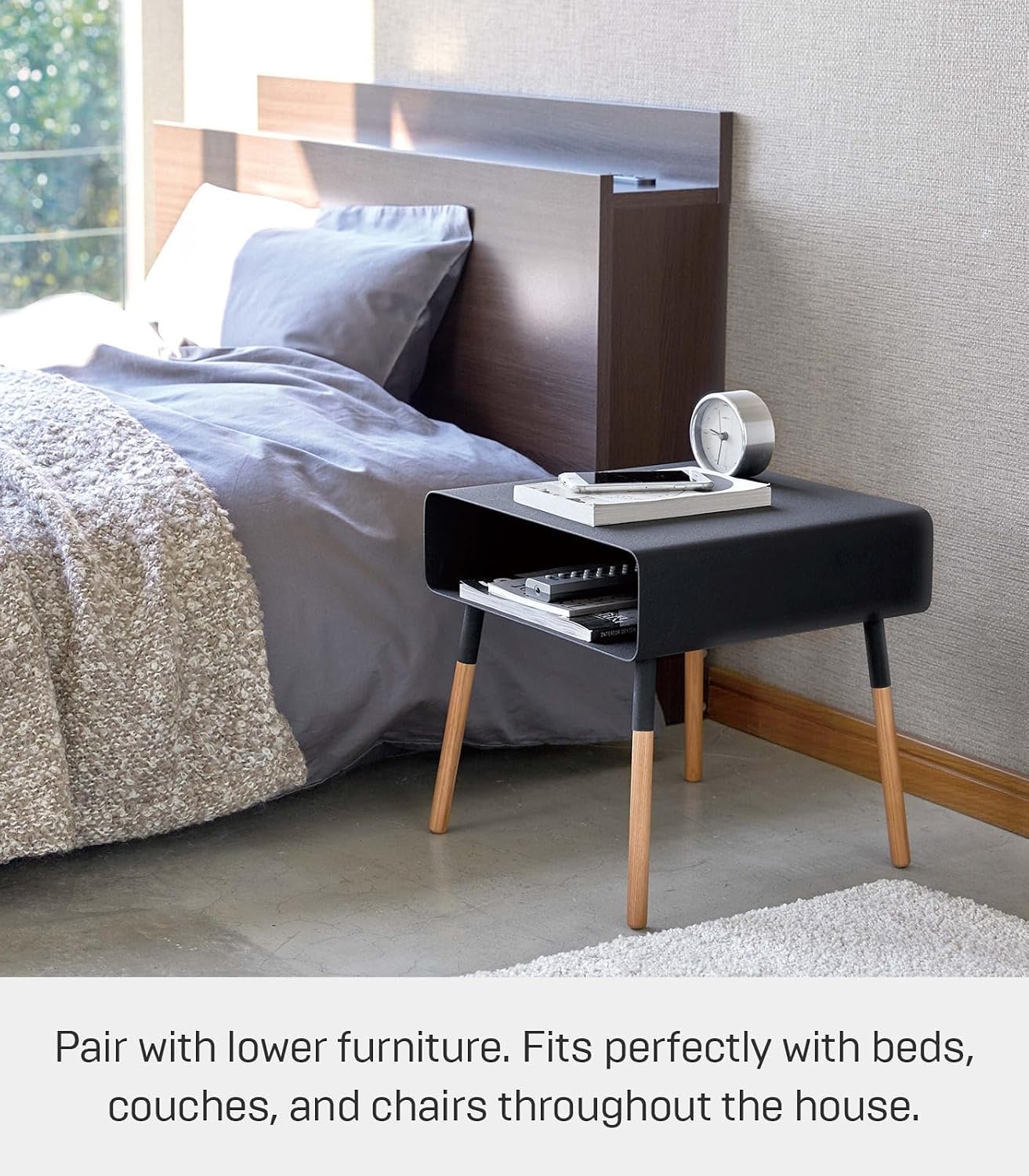 YAMAZAKI Home Plain Side Table with Open Storage Shelf, Rectangular Accent Space Saving Living Room Bedroom Couch End Table - Short, 14" - Steel + Wood