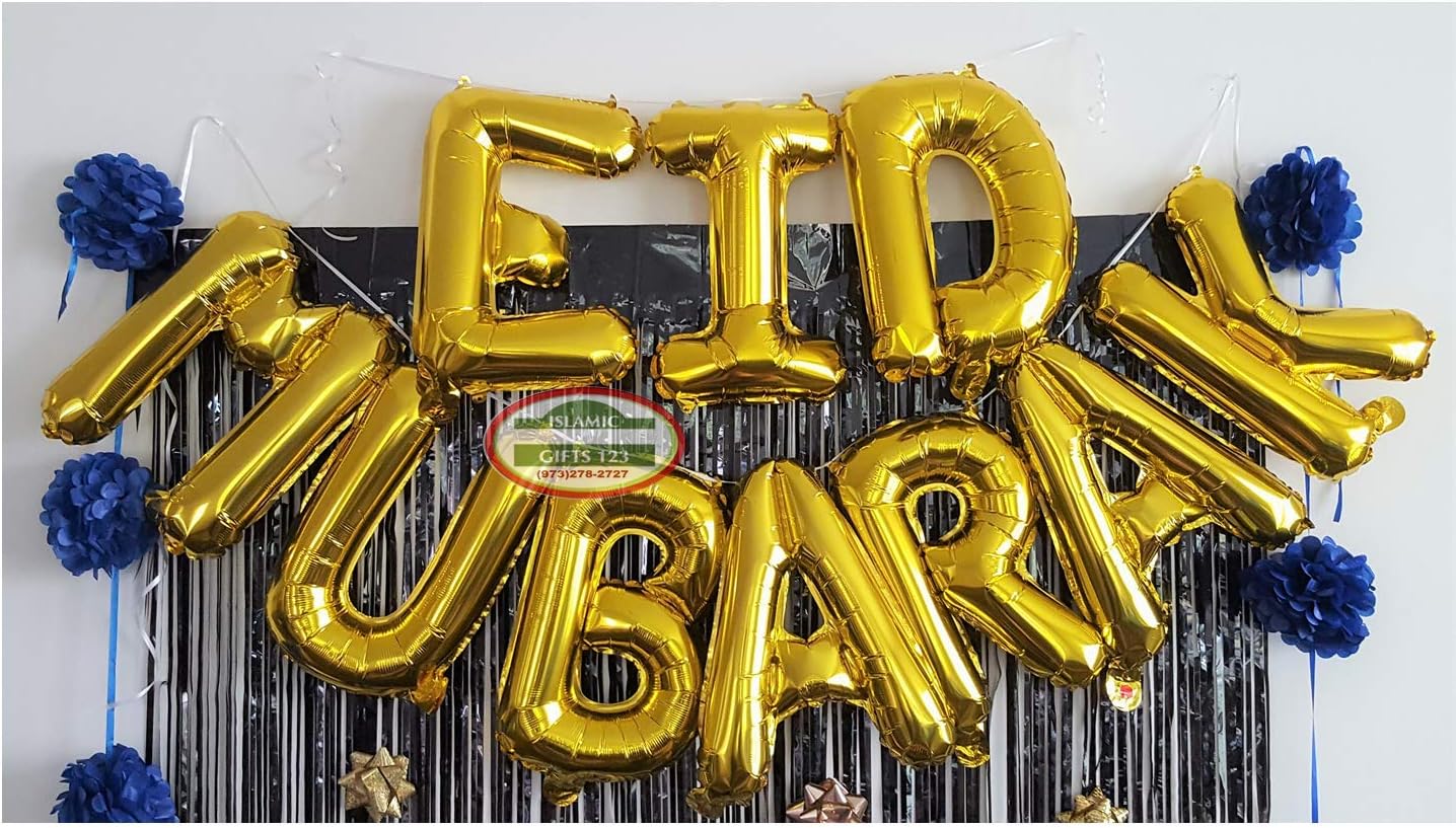 40 Pcs Eid Mubarak Balloon Banners |Eid Decoration | Gold Air Mylar Balloons + Eid Helium Balloons | Happy Eid Islamic Wall Decoration Eid Party Supply Ramadan Decor Muslim Holiday Islamic Gifts 123