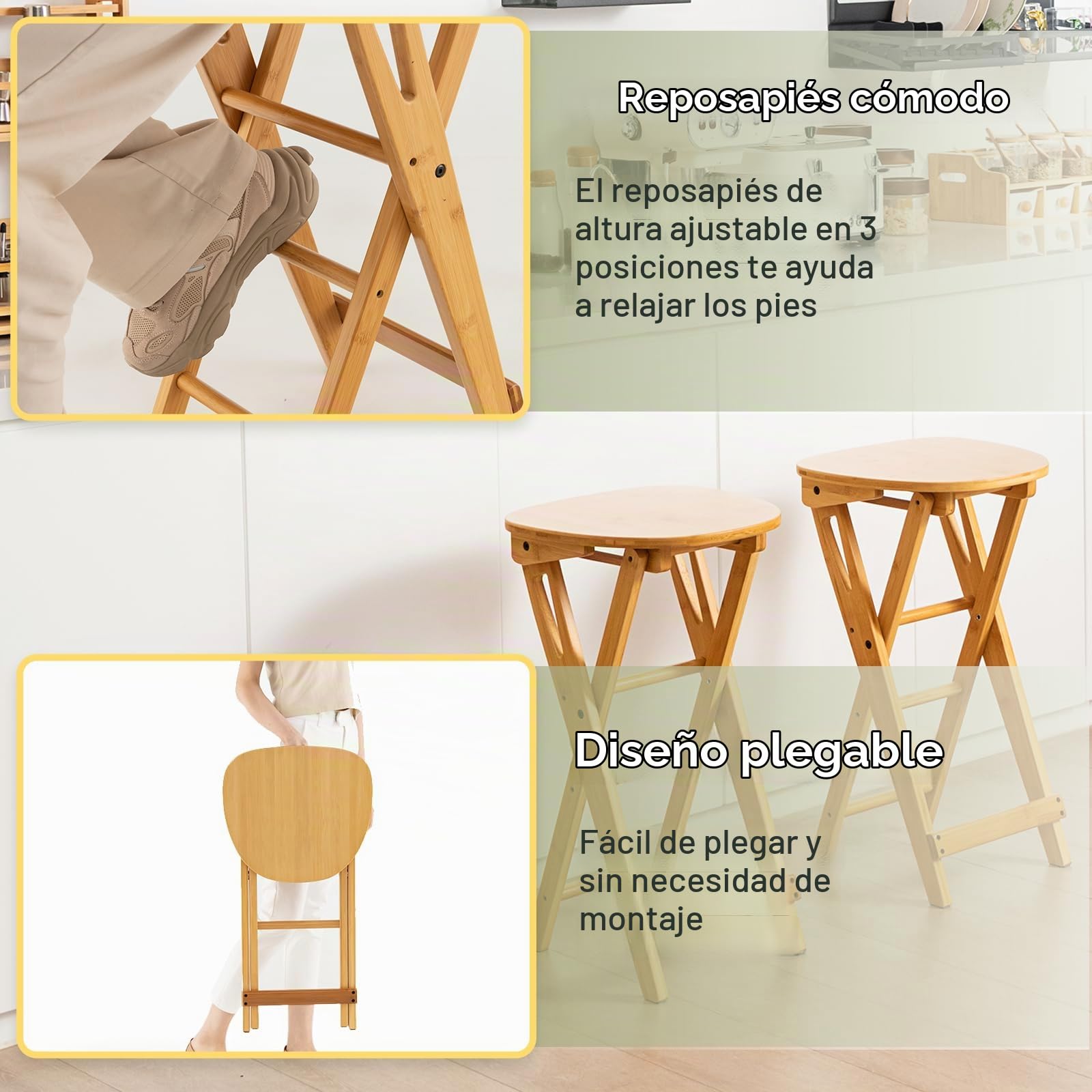 HOMASIS Juego de Taburetes de Bar Plegables, Taburetes de Cocina de Bambú, Taburete Alto con 3 Reposapiés, Silla de Comedor Portátil para Salón, Sin Instalación, Capacidad de Carga 150 kg (36x33x64cm)