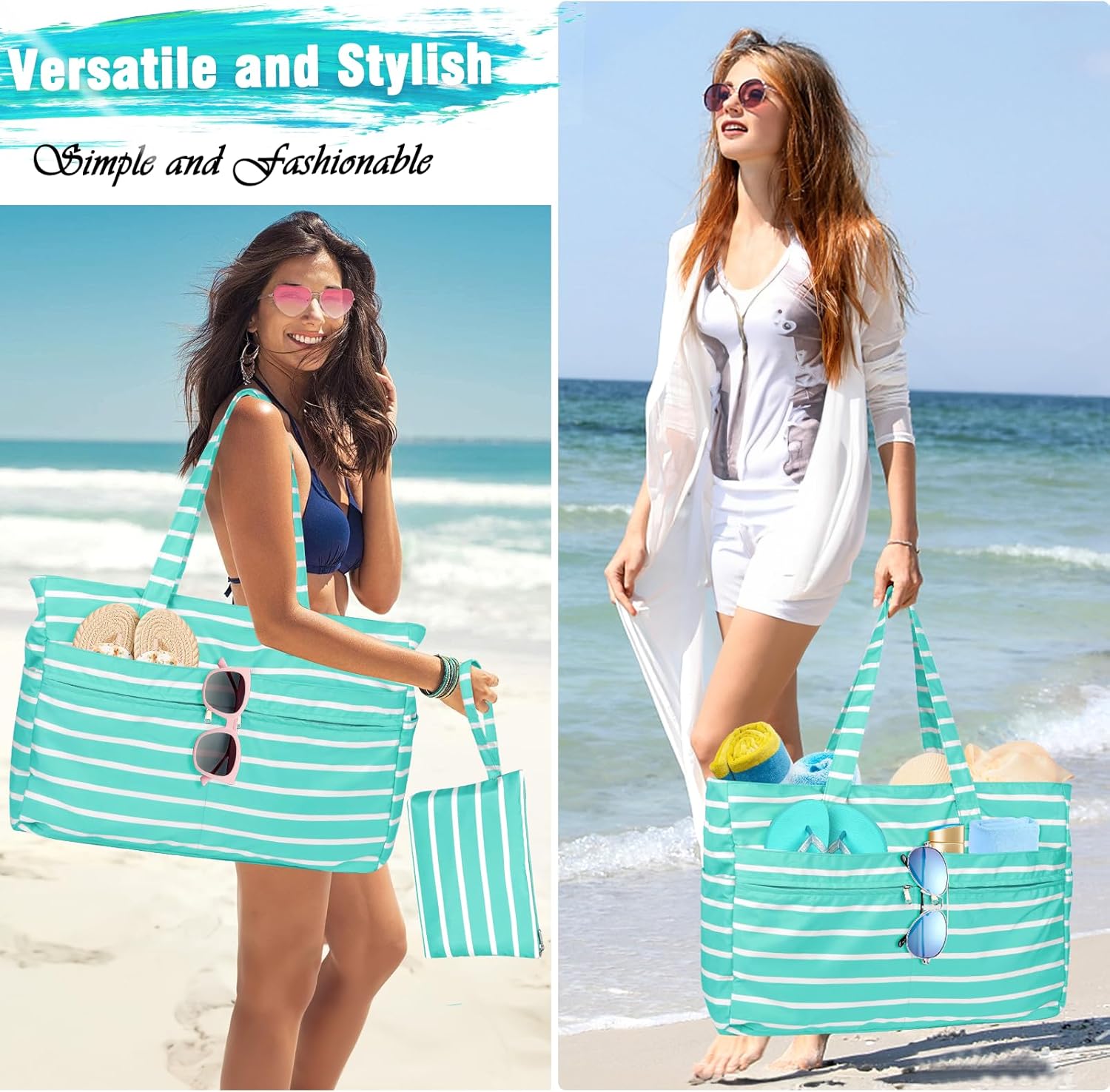 HUANLANG Extra Large Beach Bag Waterproof Beach Totes Bags for Women Men,Pool Bag with Zipper Wet Pocket - Image 2