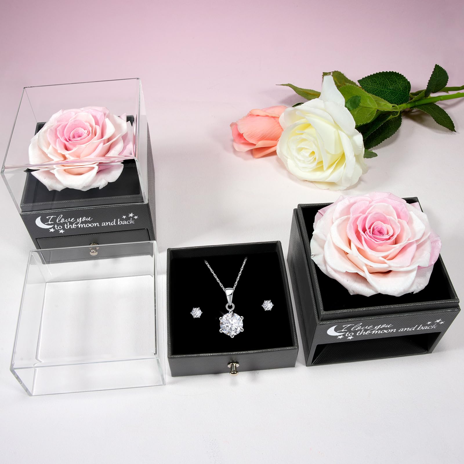 Miofula Rosa Stabilizzata Regalo Donna, Rosa Eterna con Collana Donna Argento Orecchini Regali Mamma Compleanno Festa della Mamma, Fiori Scatola Regalo San Valentino Anniversario per Lei Fidanzata