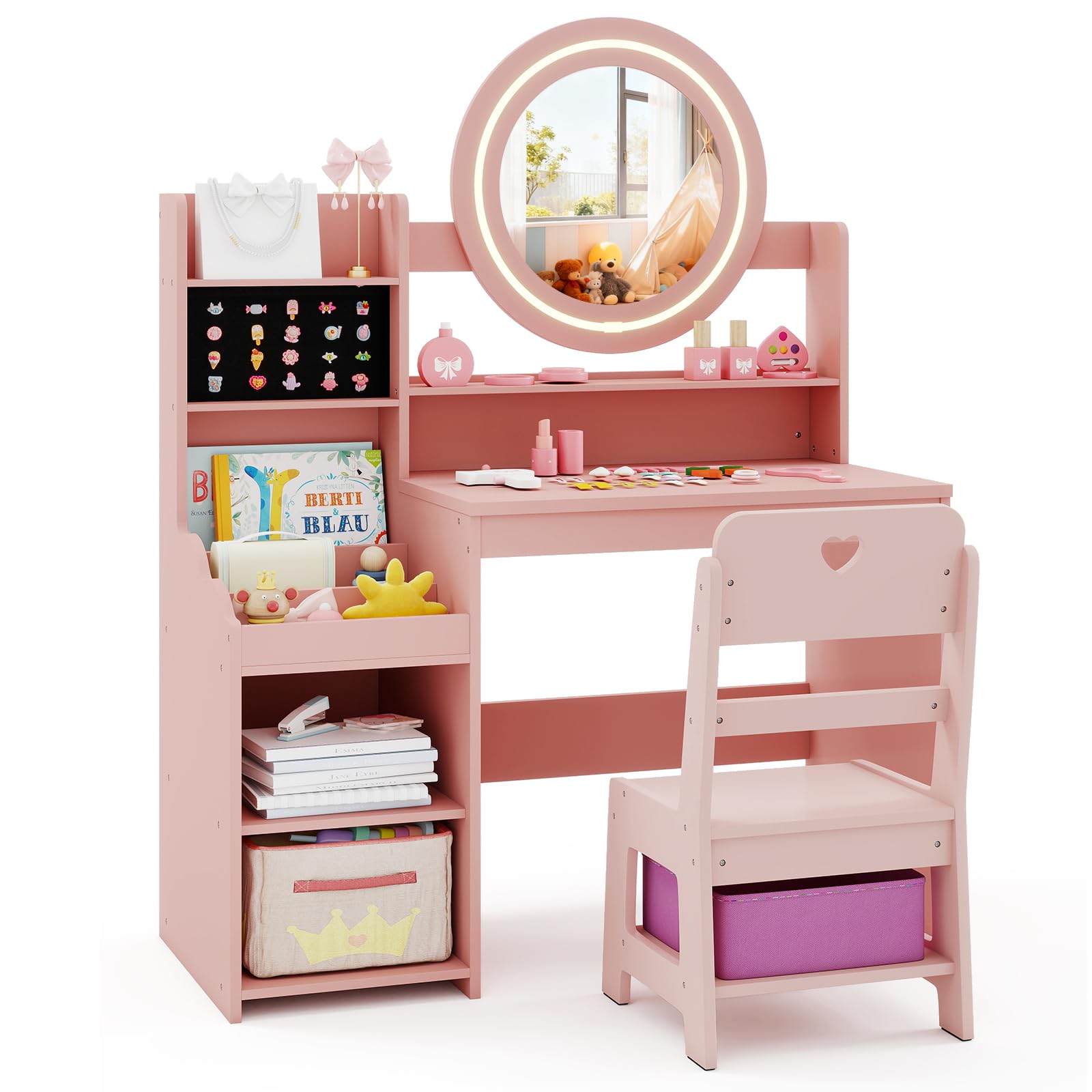 HONEY JOY Kids Vanity with Lights, Wooden Princess Makeup Dressing Vanity Desk with Jewelry Storage, Open Shelves, 2 in 1 Toddler Vanity Table &amp; Chair Set with Lighted Mirror for Little Girls(Pink)