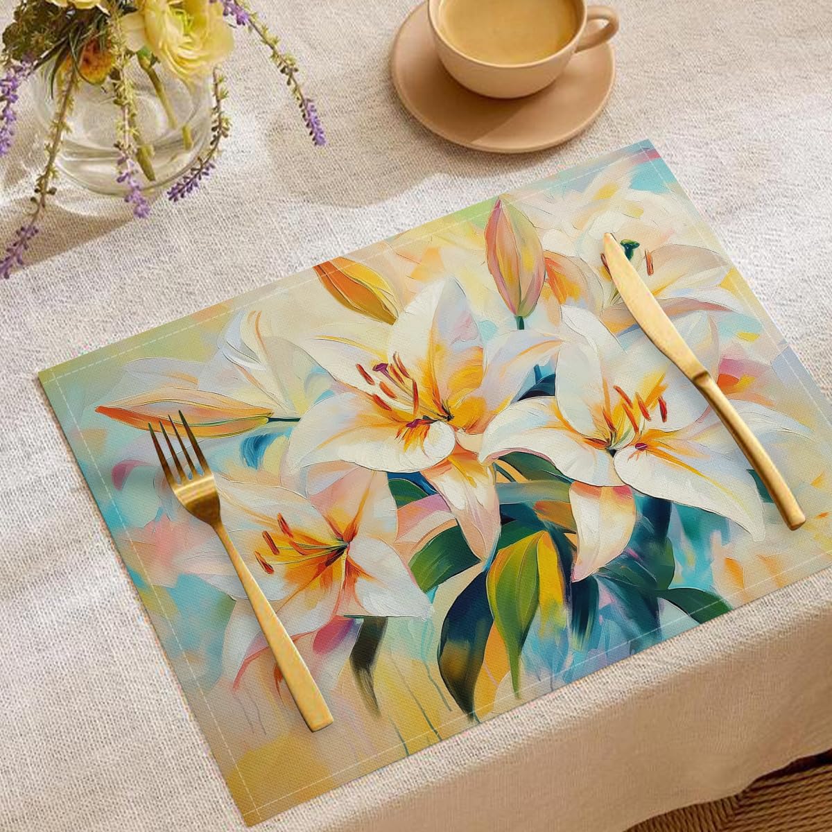 Sets de table lavables pour cuisine et fêtes motif lys d'été
