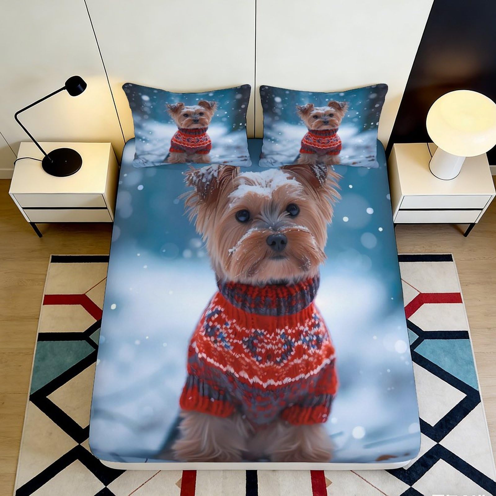 3D Printed Winter Dog Pattern Fitted Sheet Microfiber Deep Pocket Slip-Resistant Bedroom Bedding Puppy Mattress Fitted Cover for All Ages 200x200x25cm 90x200x25cm