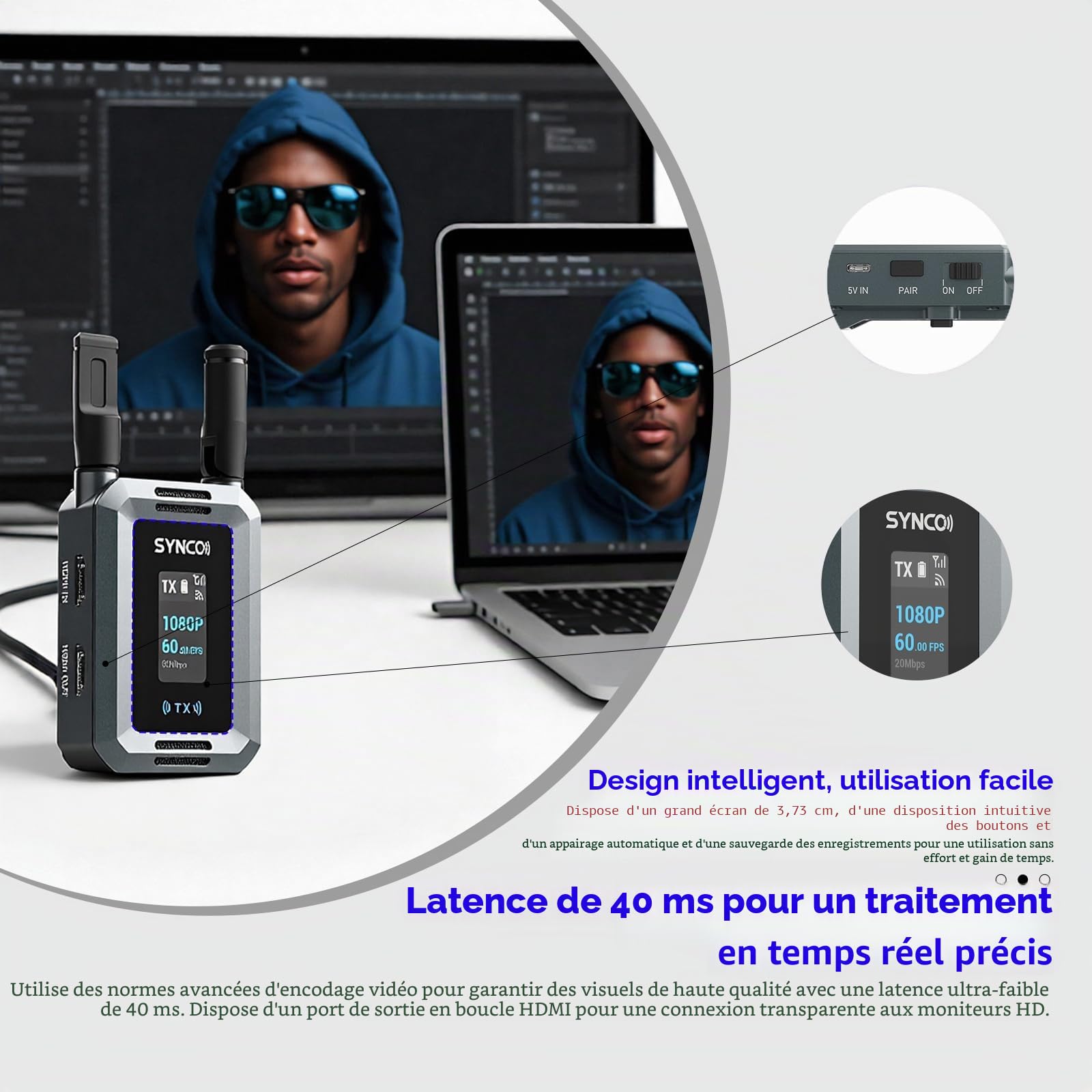 Synco Xvision Système de transmission vidéo sans fil - 300 m HD 1080p 60 fps - Émetteur et récepteur HDMI - Latence de 40 ms pour la surveillance en temps réel - Idéal pour le streaming en direct, les