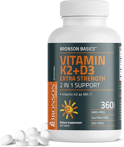 Bronson Vitamin K2 (MK7) with D3 Supplement Extra Strength 2 in 1 Support, 10,000 IU Vitamin D3 & 120 mcg K2 MK-7, 360 Tablets