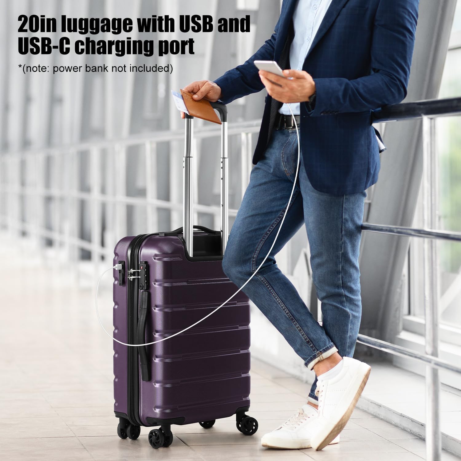 Coolife Luggage 3 Piece Set Suitcase Spinner ABS+PC Hardshell Lightweight TSA Lock USB Port, 20in 24in 28in Carry on Expandable (only 28’’), Purple - Image 2