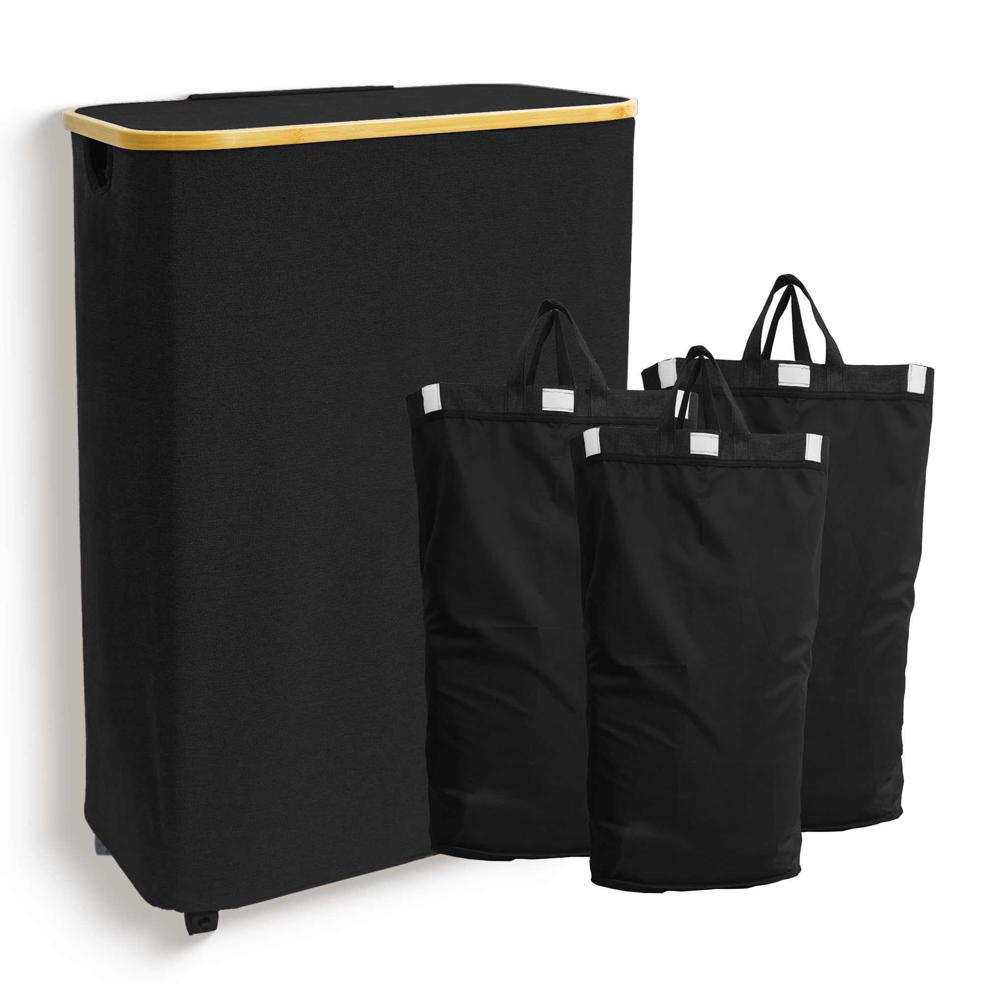 Quibbay 160L Laundry Hamper with Lid, Extra Large Laundry Hamper 3 Section with Bamboo Handles & 3 Removable Bags, Dirty Clothes Hampers for Laundry Room Bedroom Dorm, Laundry Basket with Wheels,Black