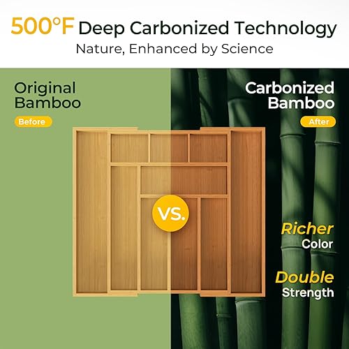 Miniatura 4 de Organizador de cajones de cocina de bambú carbonizado, organizador de cubiertos expandible de 10 ranuras, soporte para utensilios y bandeja de