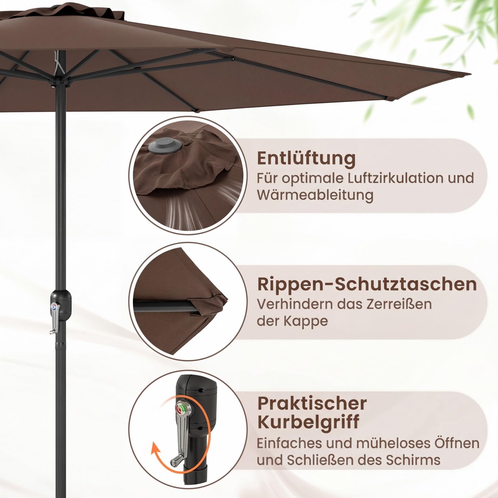 RELAX4LIFE Sonnenschirm 350 cm, großer Gartenschirm mit Kurbel, Terrassenschirm mit 8 Rippen, Balkonschirm UV Schutz, Marktschirm wasserabweisend, Kurbelschirm für Garten, Terrasse, Pool (Braun)