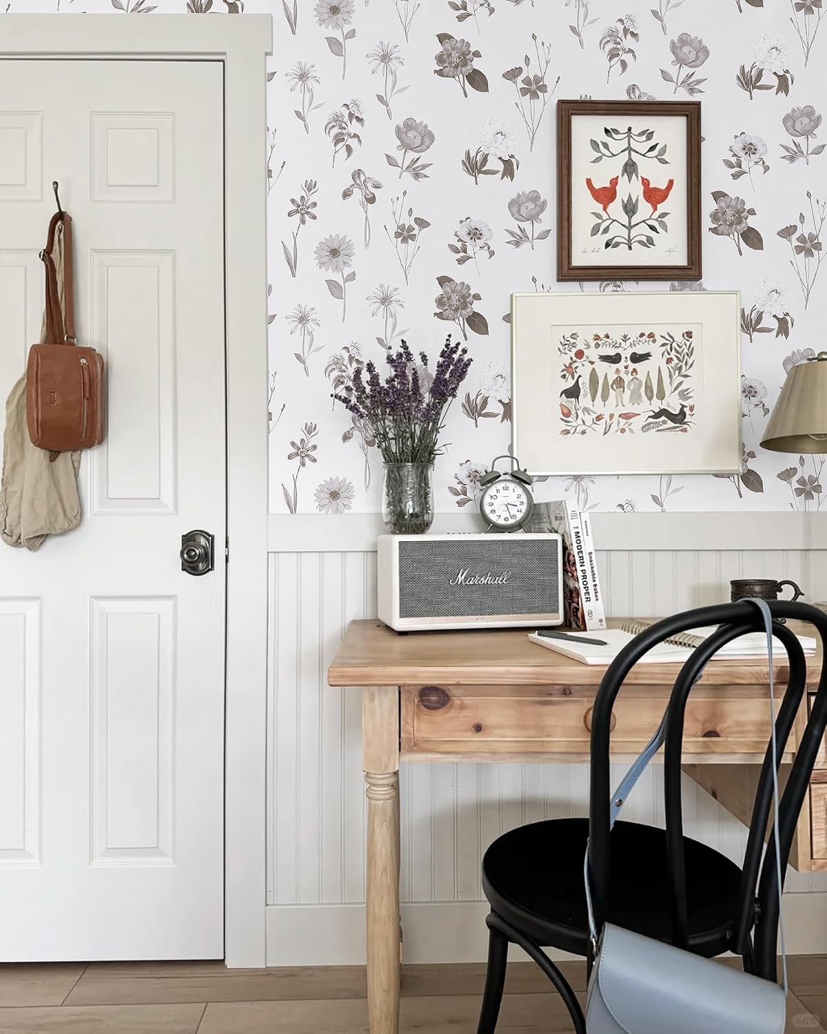 Ismoon Floral Peel and Stick Wallpaper Boho Wallpaper White/Grey Contact Paper Removable Stick on Wall Paper Self Adhesive Vinyl Wallpaper for Bedroom Cabinet Shelf Renter Friendly 17.3x78.7in