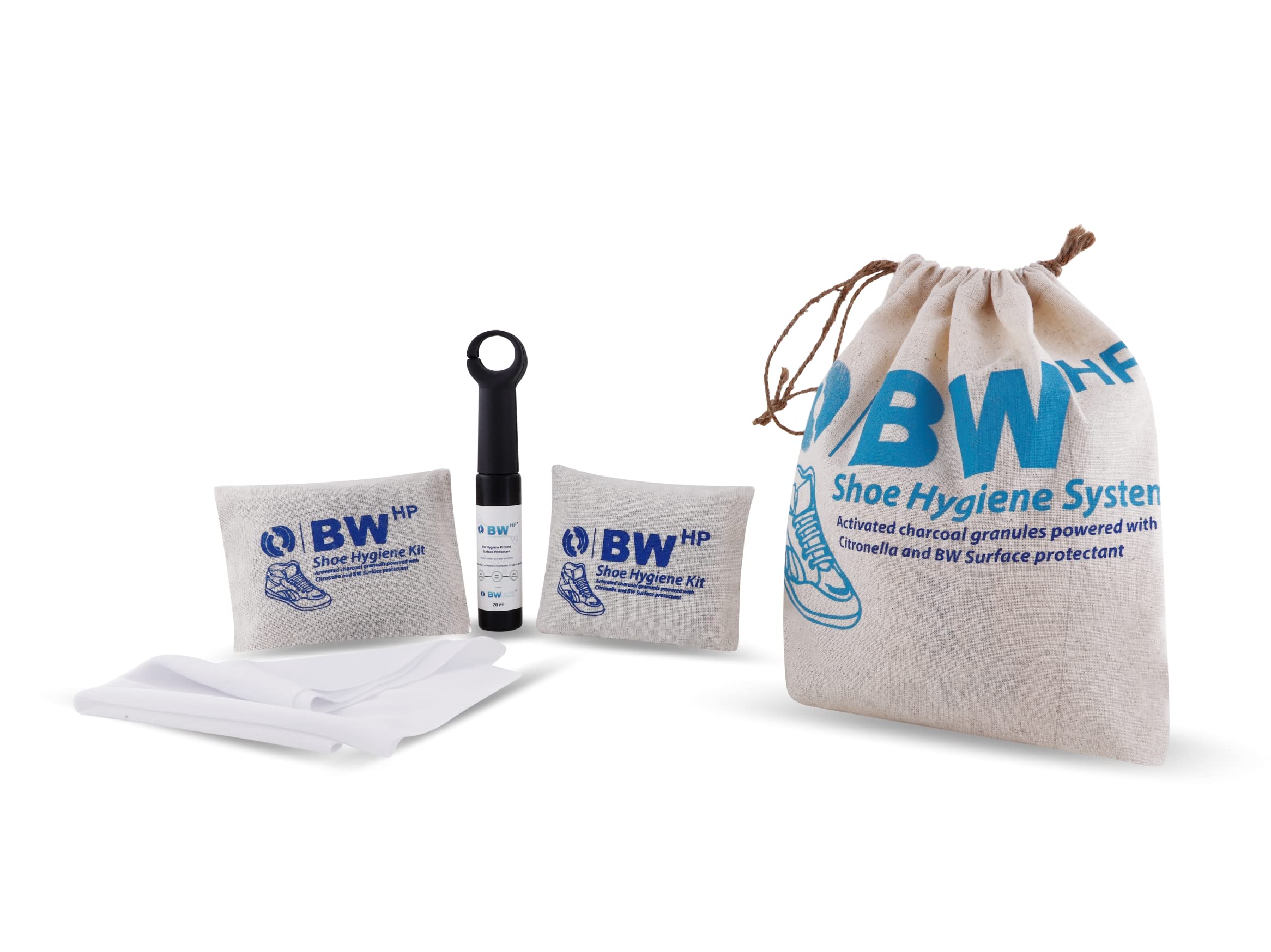 BWHPBWHP SHOE HYGIENE SYSTEM - SURFACE PROTECTANT 20ML & 2 ACTIVATED CHARCOAL ODOUR REMOVAL BAGS