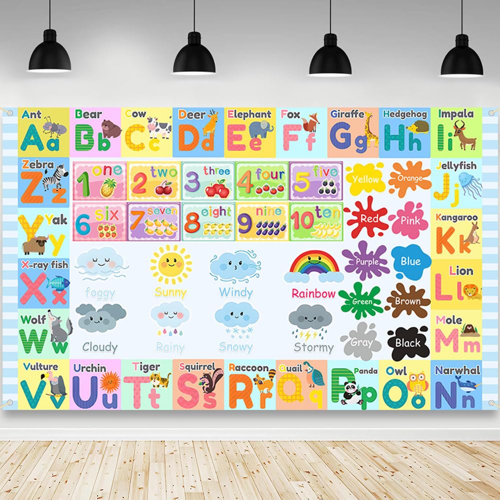 AIBIIN Toddlers Educational Backdrop ABC Alphabet Numbers Animals Rainbow Color Learning Backdrop Kindergarten Homeschool Supplies Preschool Classroom