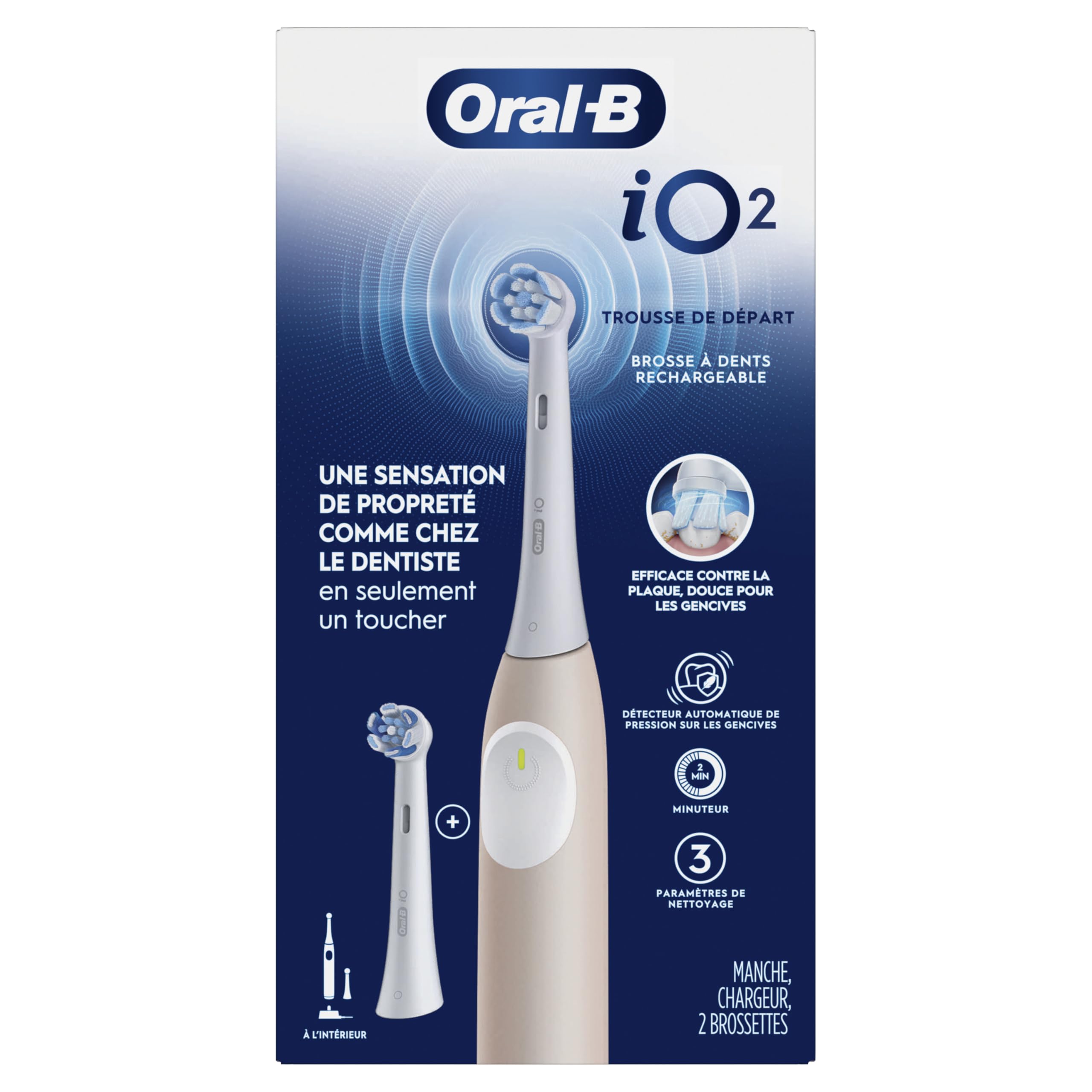 Oral-B iO Series 2 - Kit de inicio de cepillo de dientes eléctrico recargable, melocotón con 2 cabezales de cepillo, sensor de presión automático para proteger las encías, 3 modos, temporizador de 2