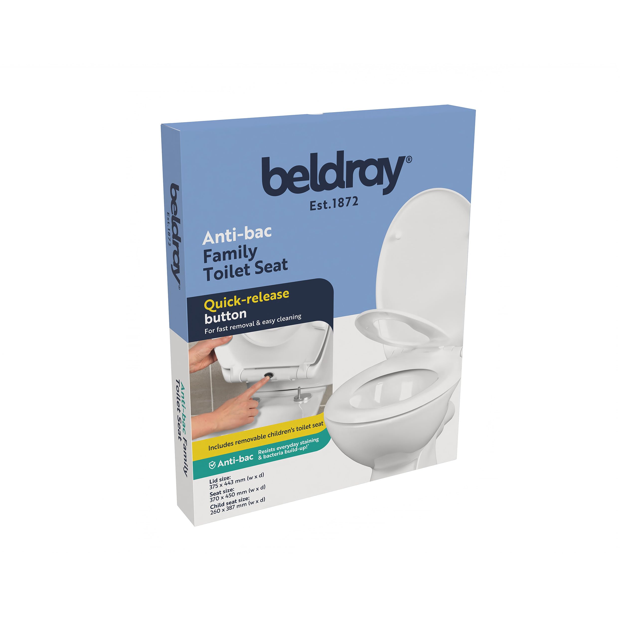 Asiento de Inodoro Familiar Antibacteriano Beldray - Asiento de Inodoro Desmontable para Niños, Tapa Grande con Cierre Suave, Fácil Limpieza, 44.5 x 37cm, Tratamiento Antibacteriano, Blanco